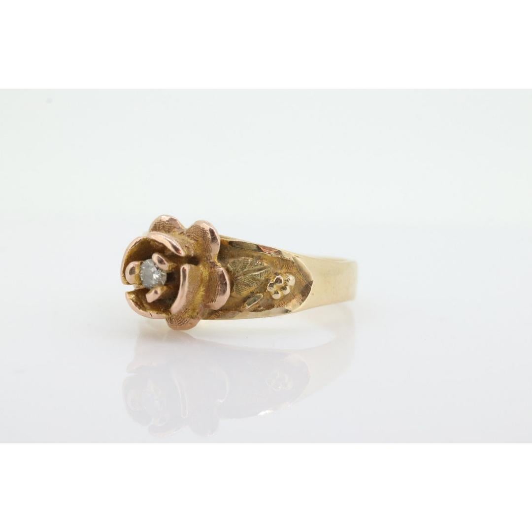 Black Hills Gold Ring. Antique Diamond Ring. 10k Rose Pedals diamond set Gold. For Sale 4