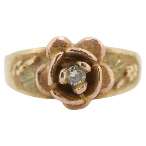 Black Hills Gold Ring. Antique Diamond Ring. 10k Rose Pedals diamond set Gold. For Sale