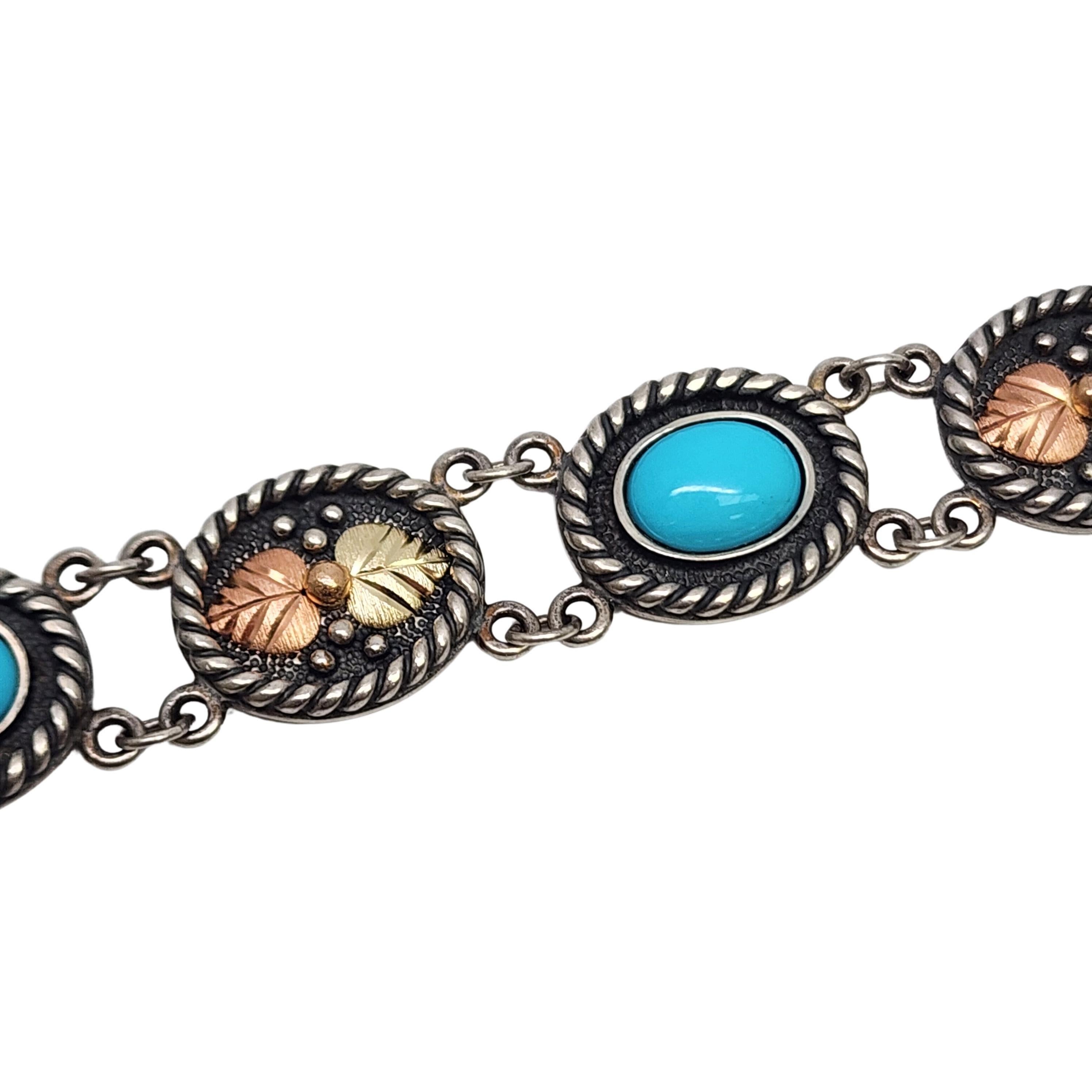 Women's Black Hills Gold Sterling Silver 10K Leaf Turquoise Link Bracelet #17678