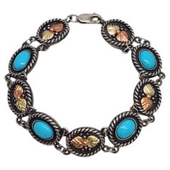 Black Hills Gold Sterling Silver 10K Leaf Turquoise Link Bracelet #17678