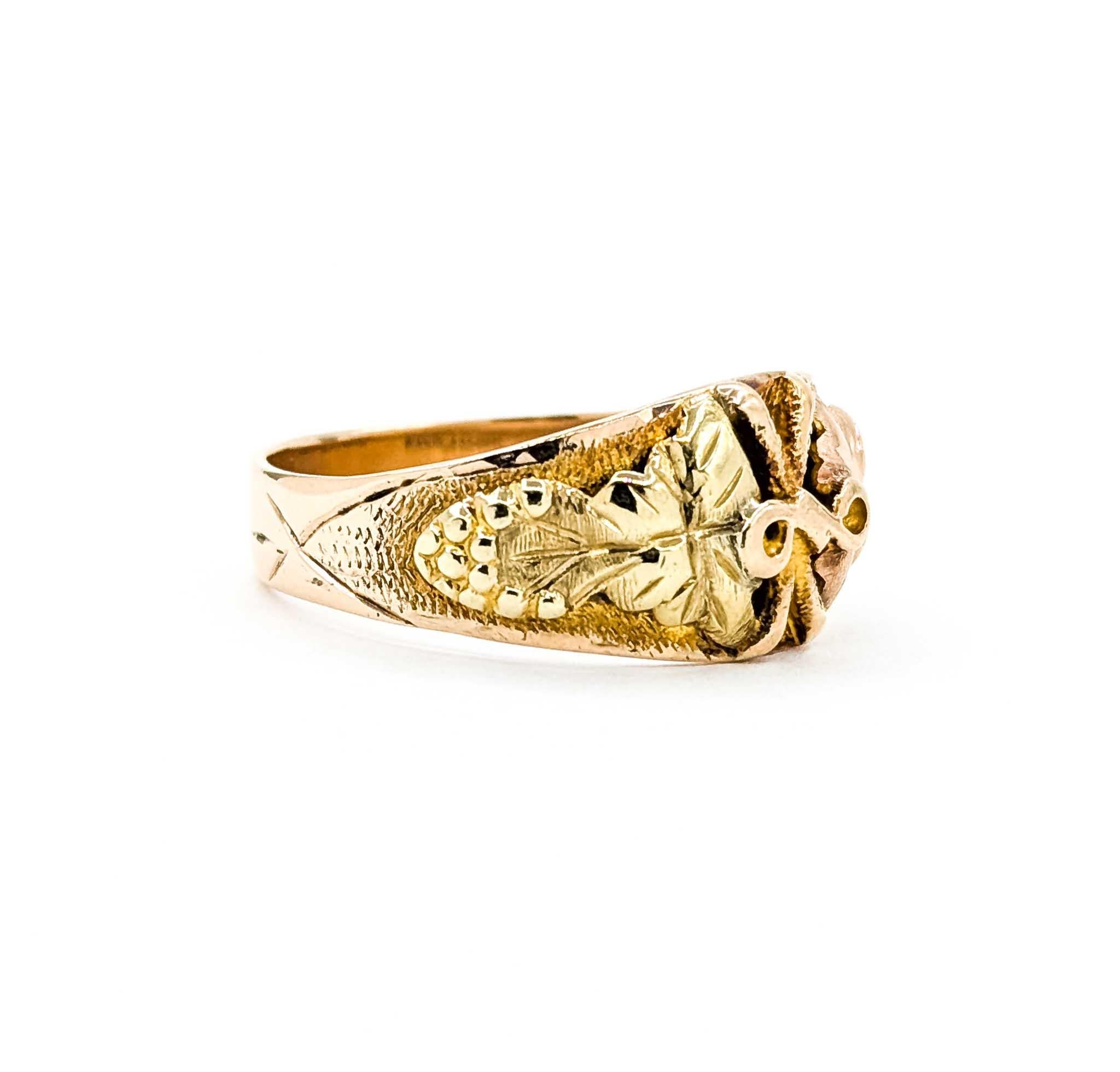 Ein klassischer Ring aus Black Hills Gold, der das ikonische dreifarbige Blattmotiv in 10 Karat dreifarbigem Gold zeigt. Das Design besteht aus wunderschön detaillierten Blättern aus Rosen-, Grün- und Gelbgold, die Liebe, Freundschaft und Treue