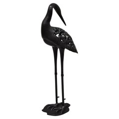 Black Hollywood Regency Style Cast Metal Bird Crane Garden Figurine Statue