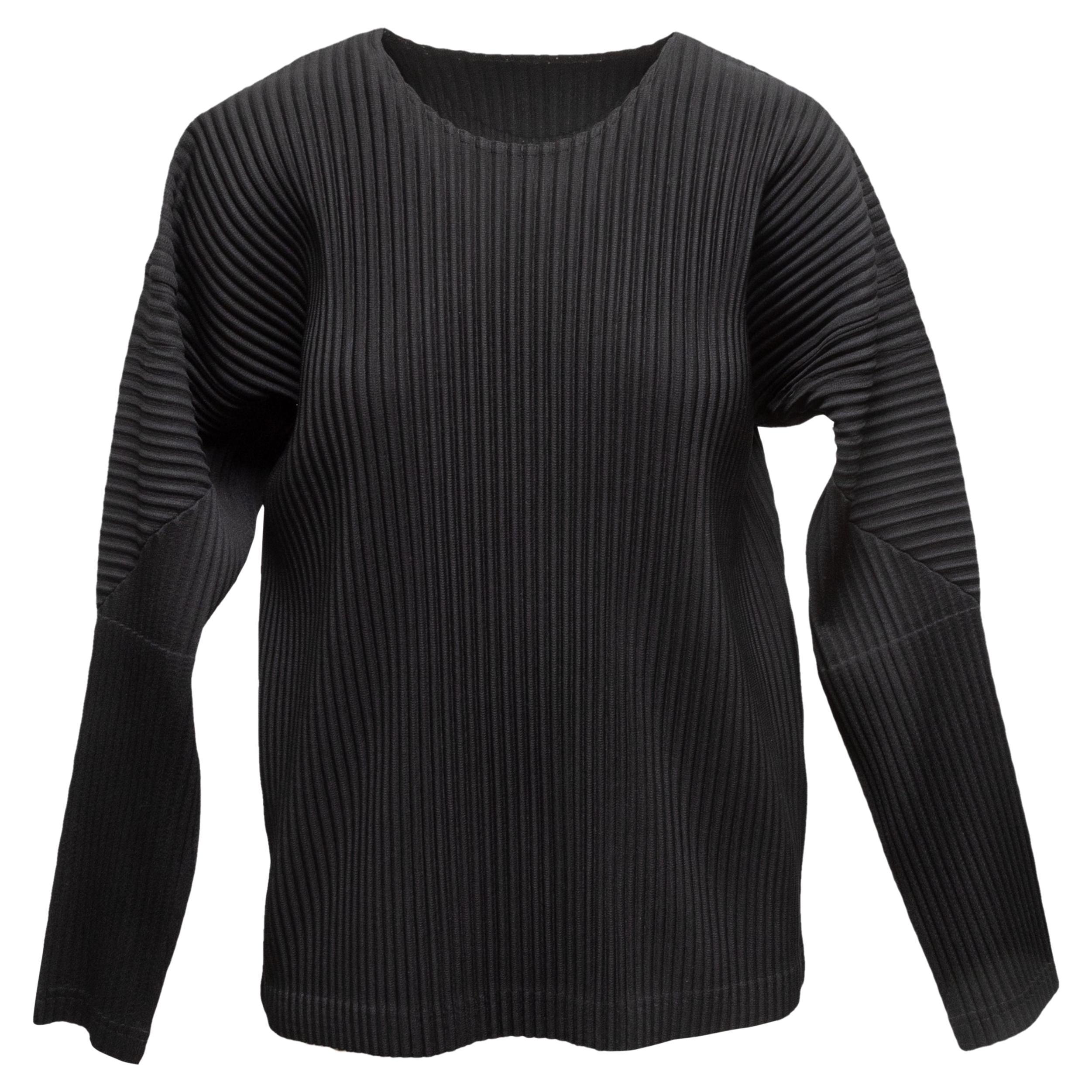 Noir Homme Plisse Issey Miyake Long Sleeve Top Designer Size 2 en vente