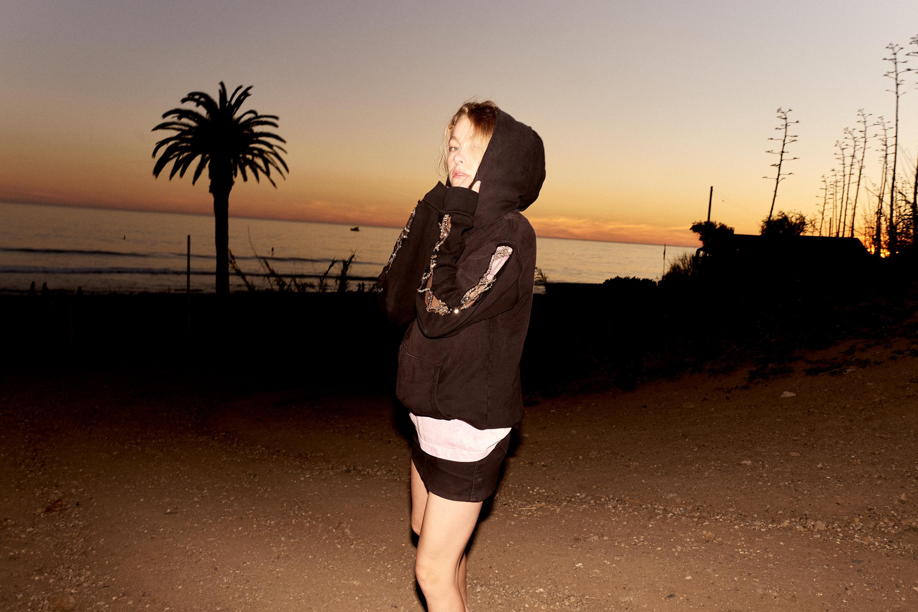 Schwarzes Kapuzenpullovershirt mit Kapuze Transparentes durchsichtiges Mesh Chrystal-Stickerei J Dauphin im Zustand „Neu“ im Angebot in Los Angeles, CA