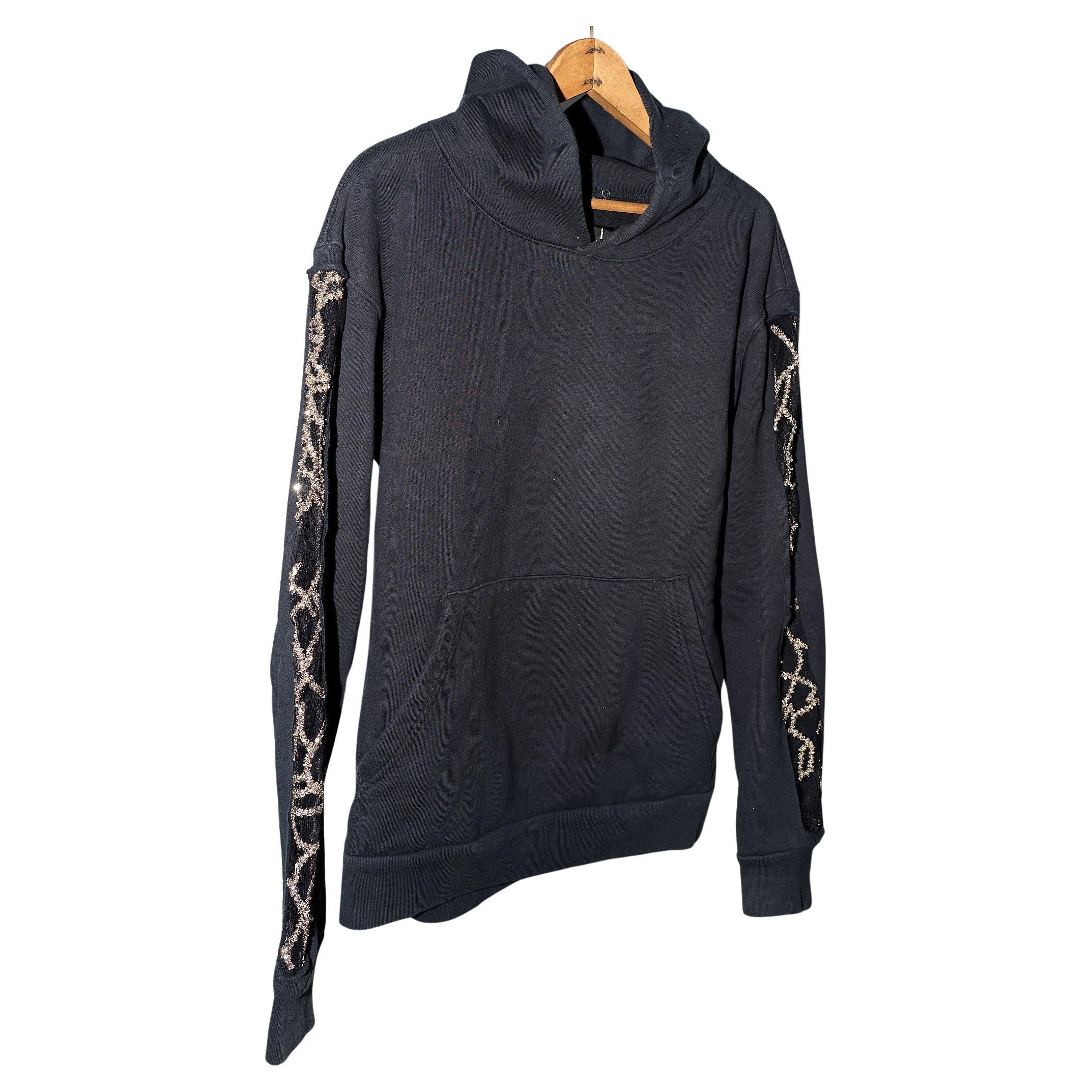 Black Hoodie Sweatshirt Transparent Sheer Mesh Chrystal Embroidery J Dauphin In New Condition For Sale In Los Angeles, CA