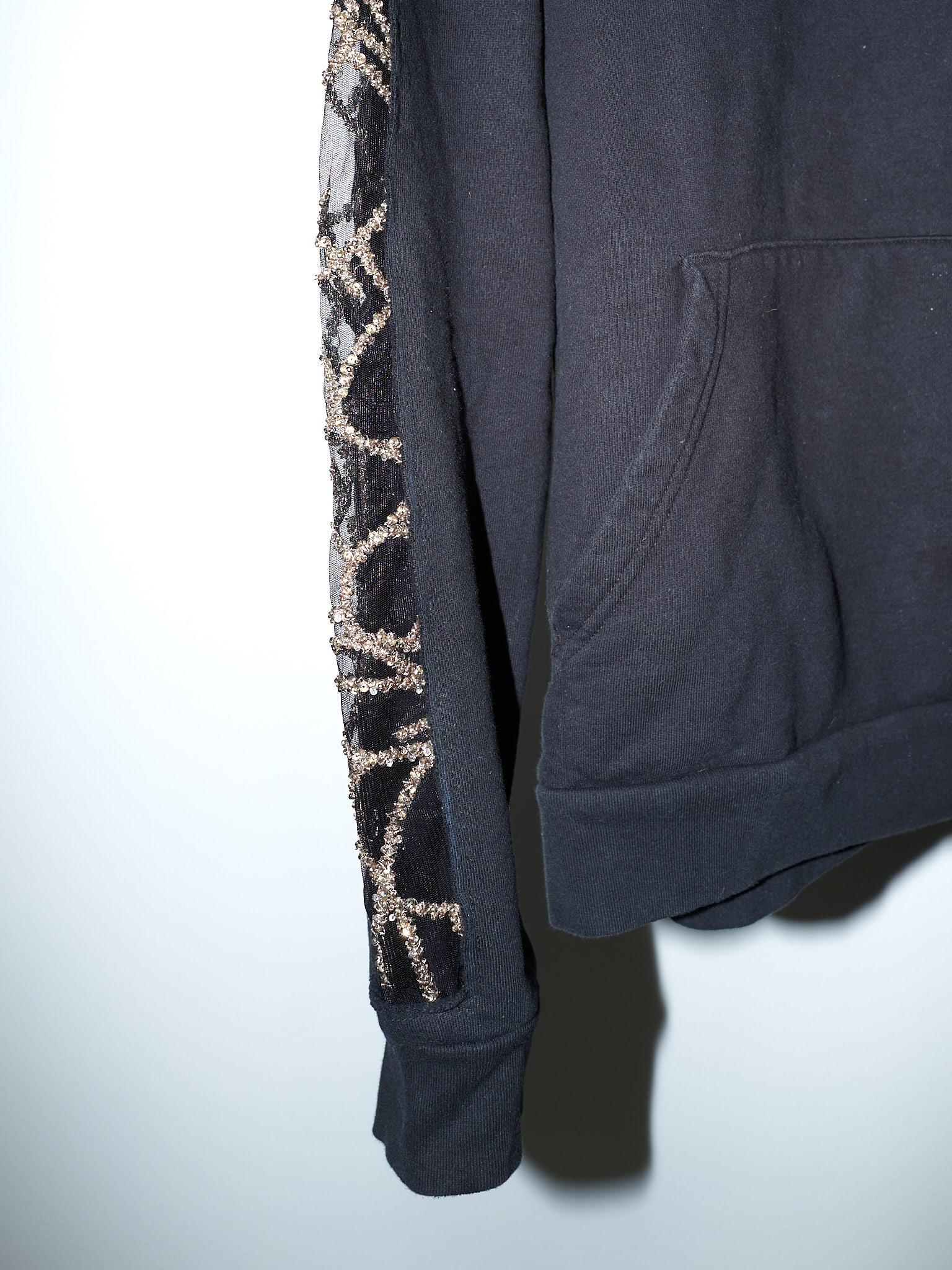 Women's Black Hoodie Sweatshirt Transparent Sheer Mesh Chrystal Embroidery J Dauphin