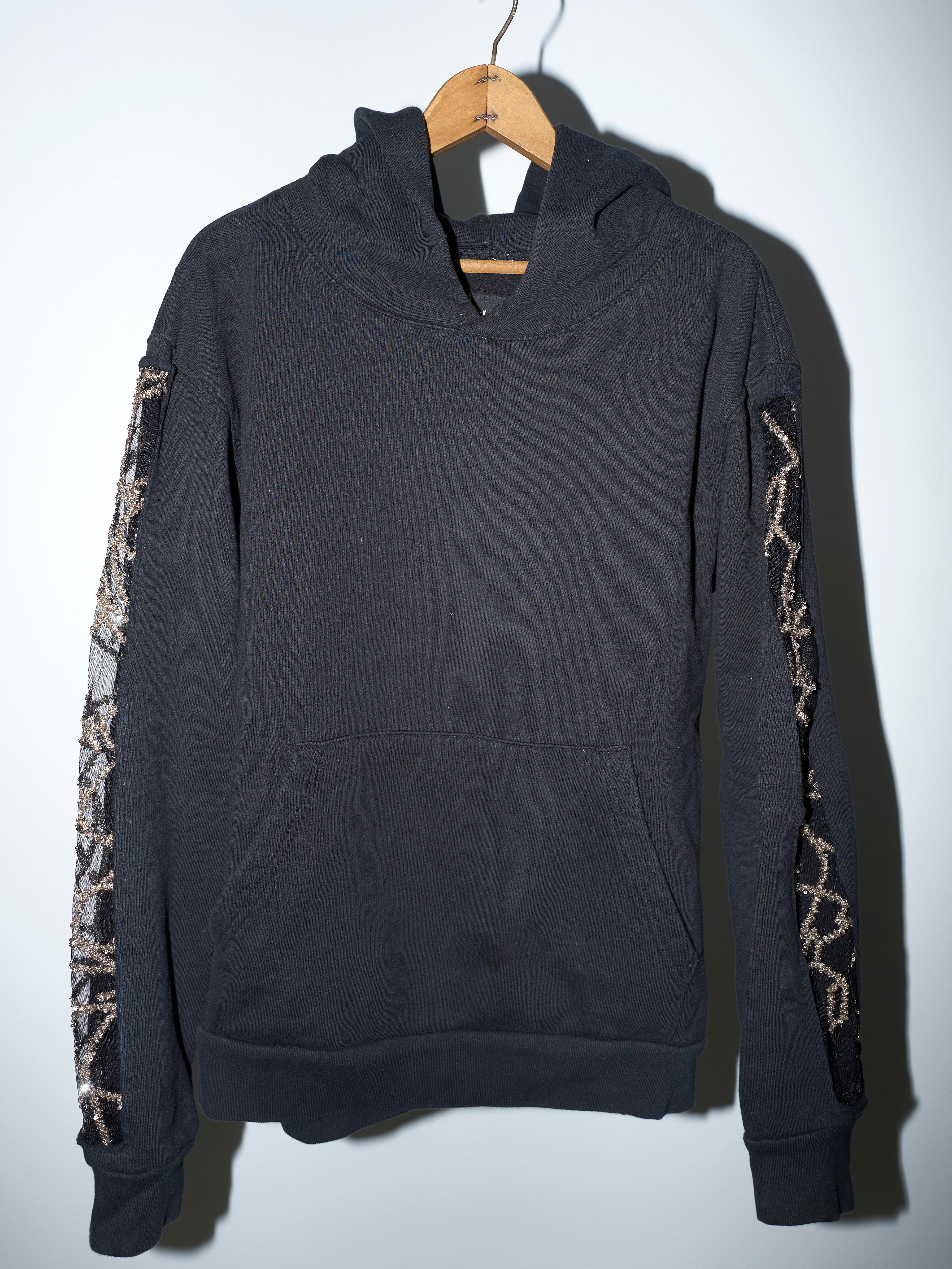 Black Hoodie Sweatshirt Transparent Sheer Mesh Chrystal Embroidery J Dauphin For Sale 1