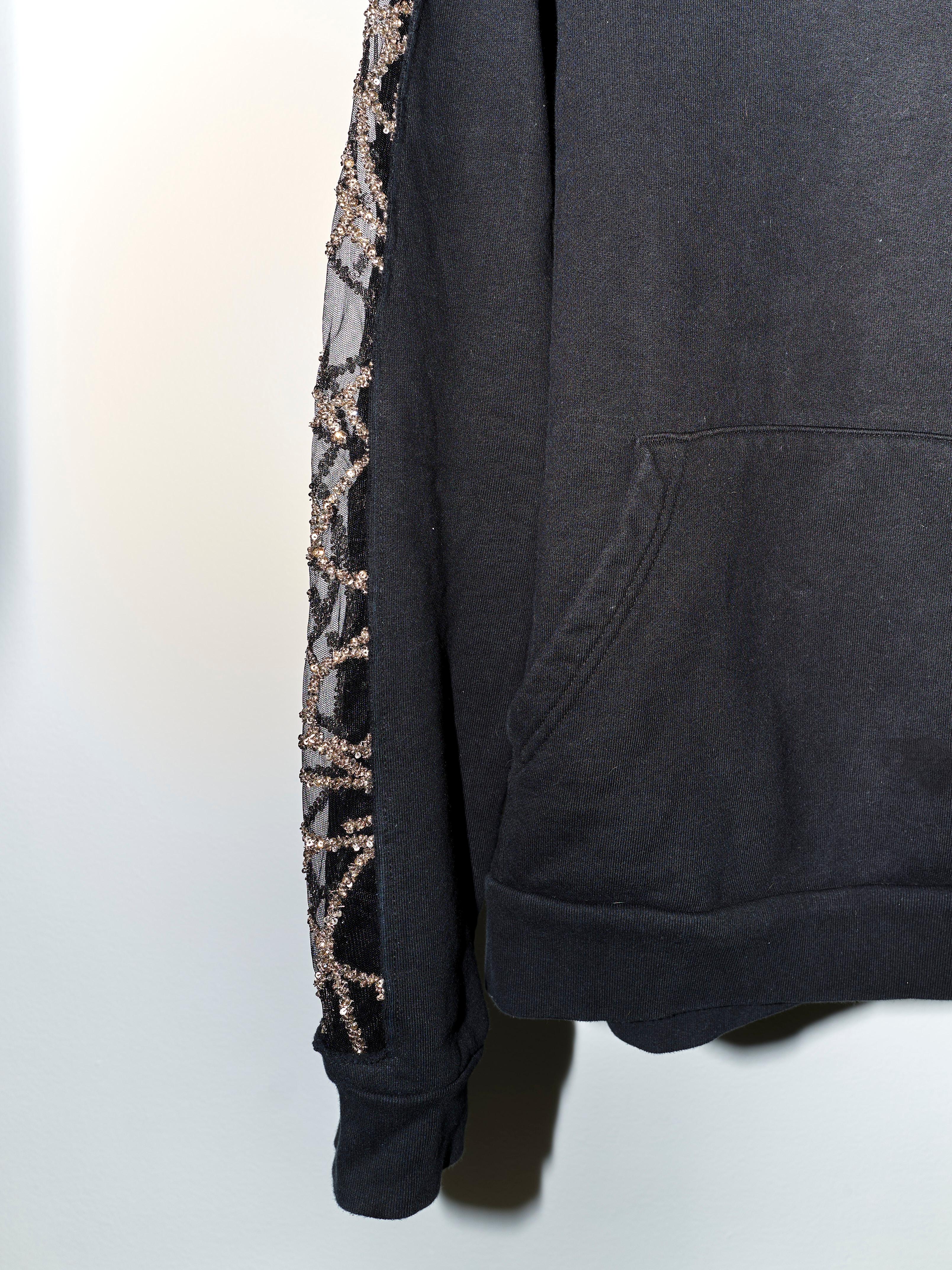 Black Hoodie Sweatshirt Transparent Sheer Mesh Chrystal Embroidery J Dauphin For Sale 2