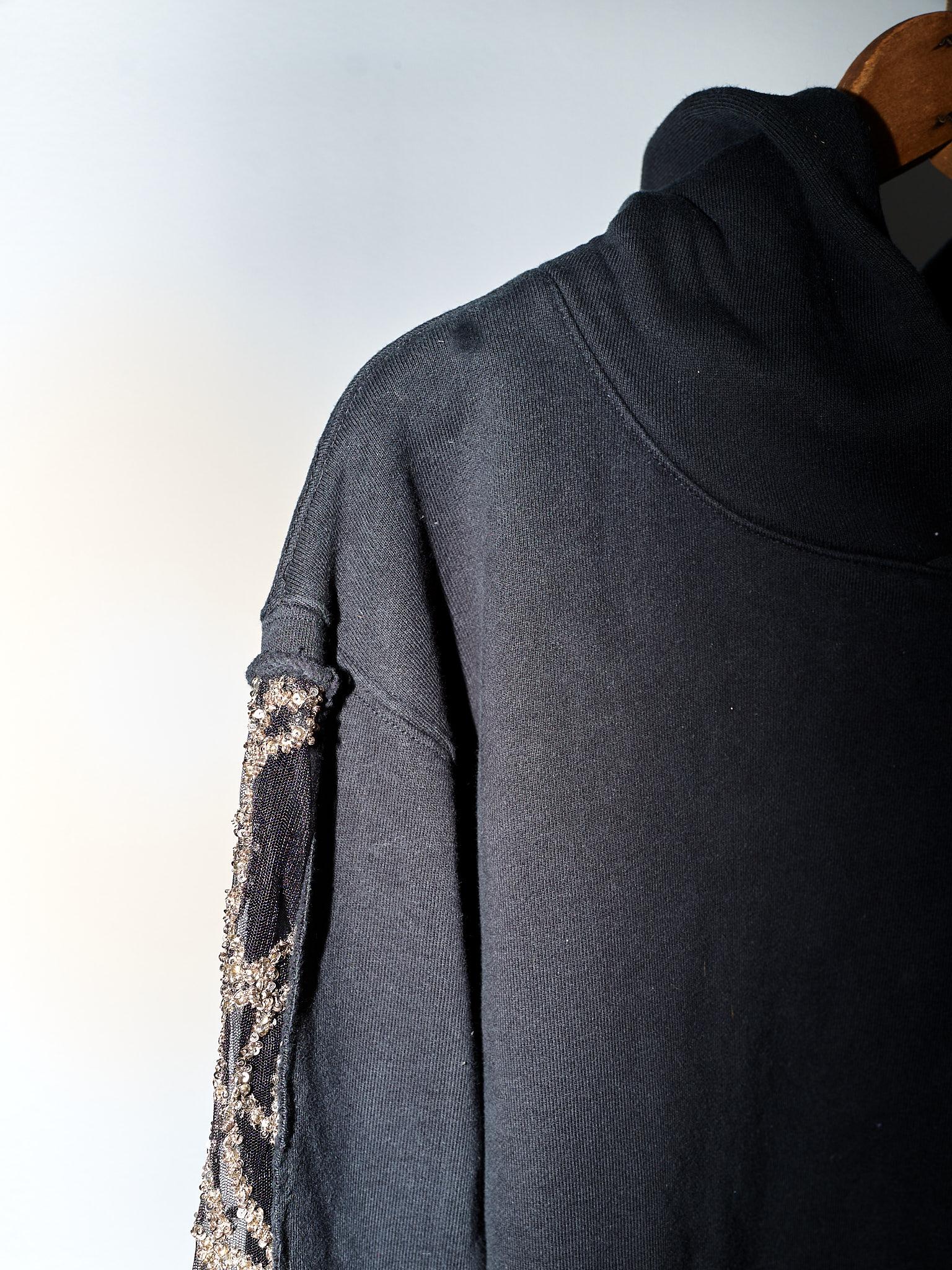 Black Hoodie Sweatshirt Transparent Sheer Mesh Chrystal Embroidery J Dauphin 3