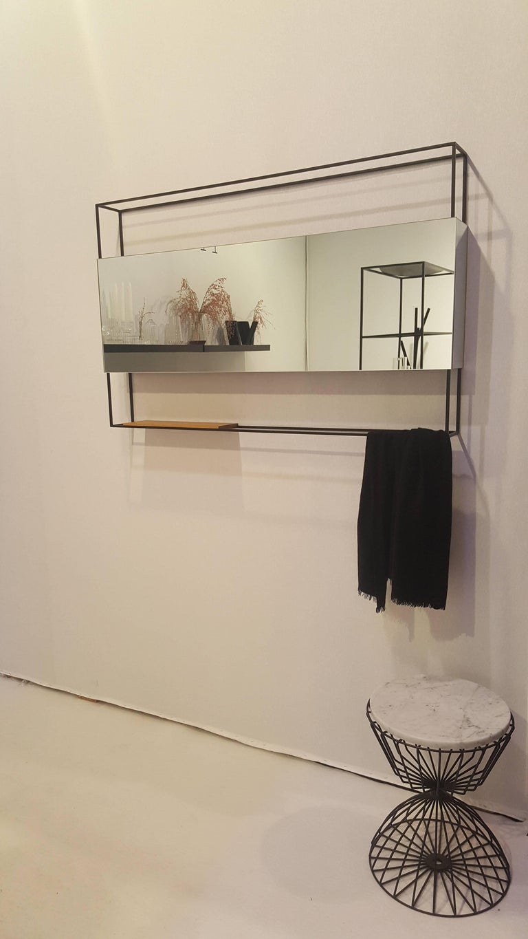 Black Horizontal Frame Minimal Contemporary Mirror with Movable Oak