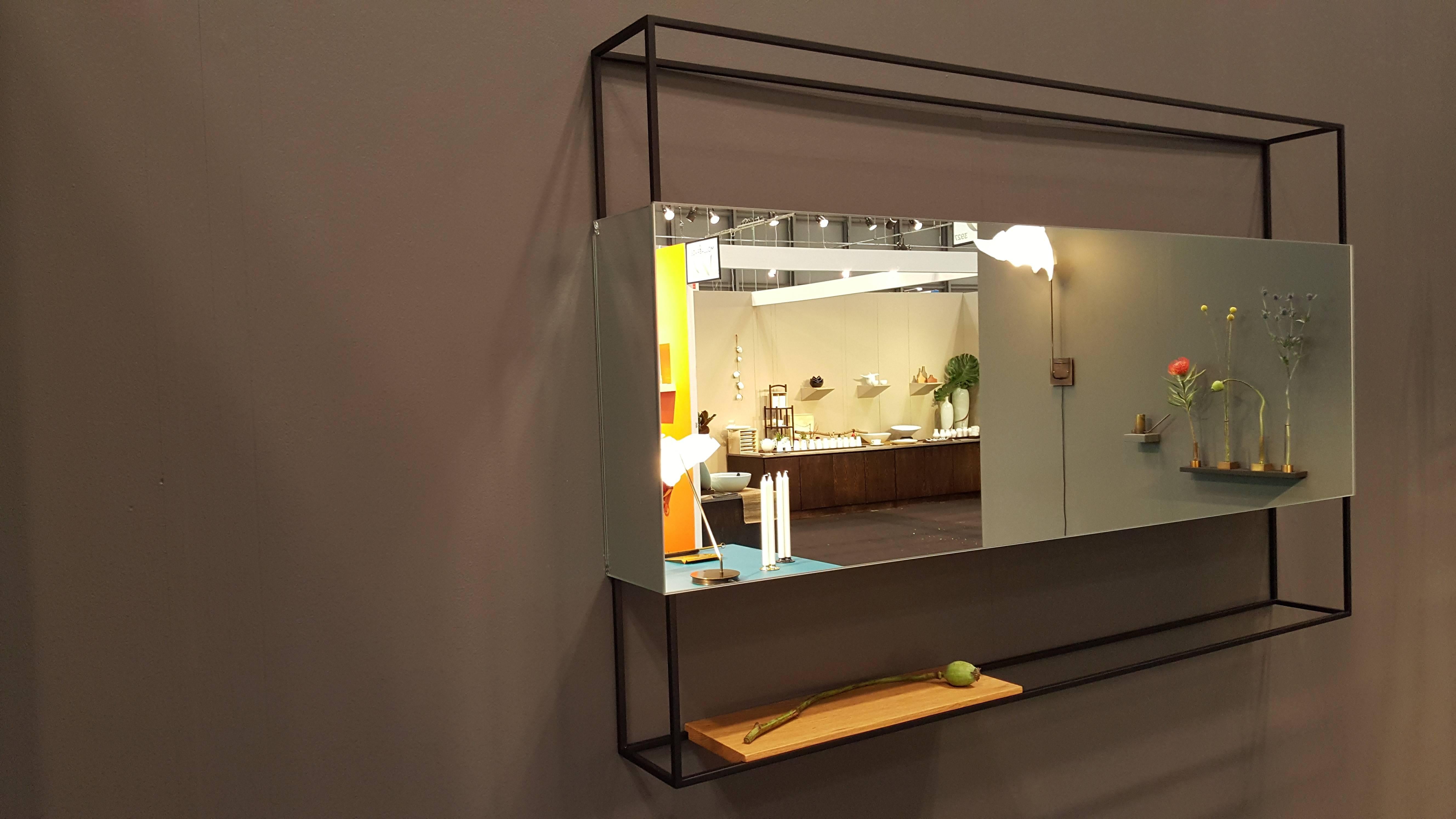 Modern Black Horizontal Frame Minimal Contemporary Mirror with Movable Oak Shelf, USA For Sale