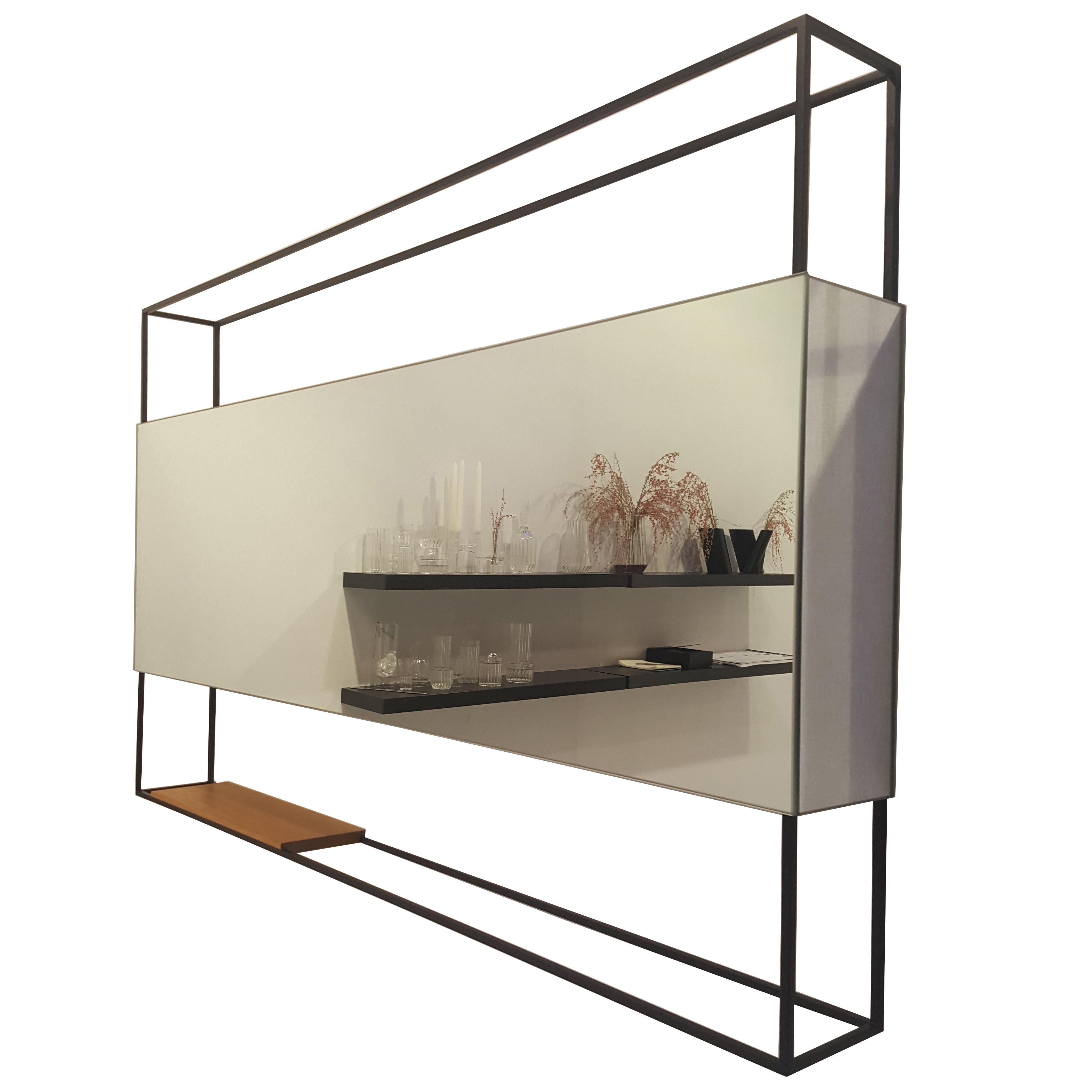 Black Horizontal Frame Minimal Contemporary Mirror with Movable Oak Shelf, USA