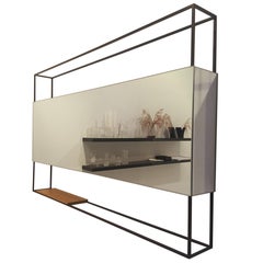 Vintage Black Horizontal Frame Minimal Contemporary Mirror with Movable Oak Shelf, USA