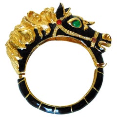 Black Horse Clamper Bracelet Enamel Jeweled Equestrian Motif 1970s 