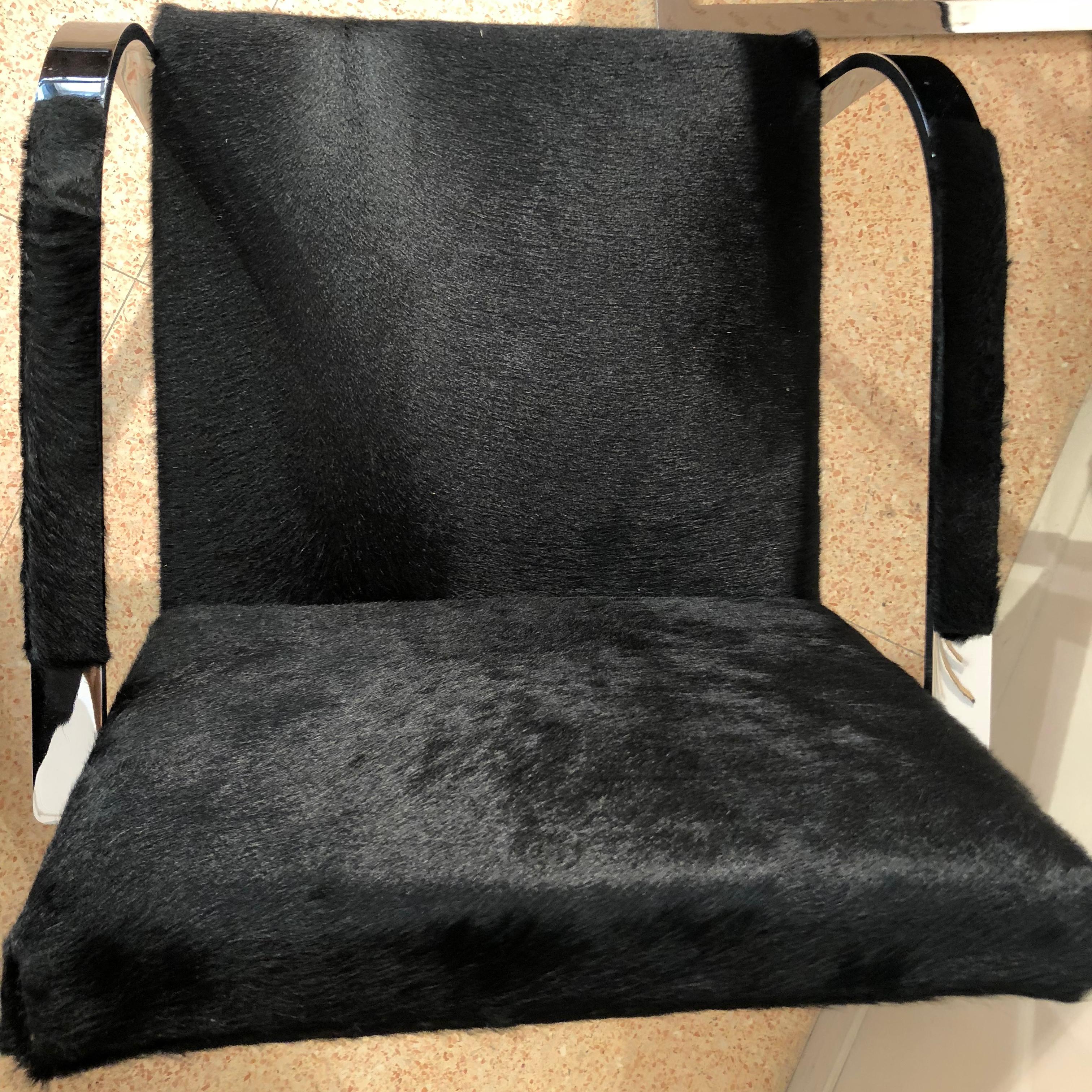 Italian Black Horse Fur Brno Model Knoll Chairs with Armrest, Knoll Production, 1990s