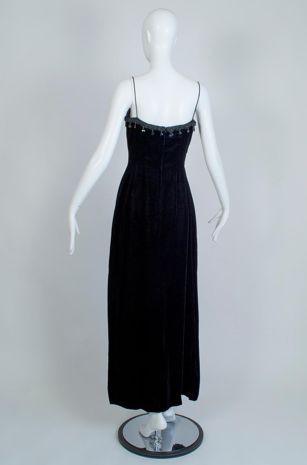 Women's Black Silk Velvet Imperialist Chandelier Bead and Passementerie Gown–XS-S, 1950s For Sale