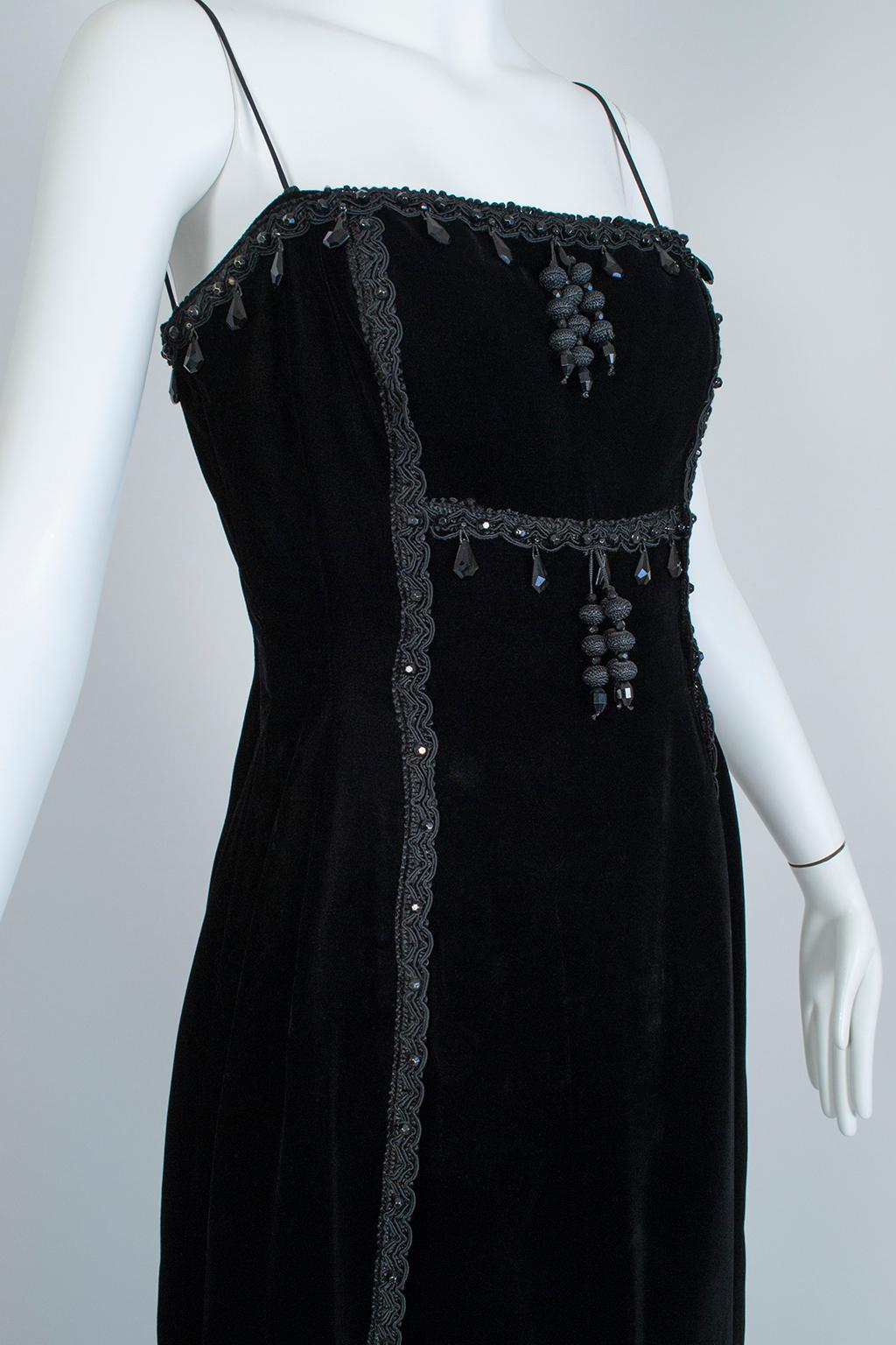 Black Silk Velvet Imperialist Chandelier Bead and Passementerie Gown–XS-S, 1950s For Sale 1