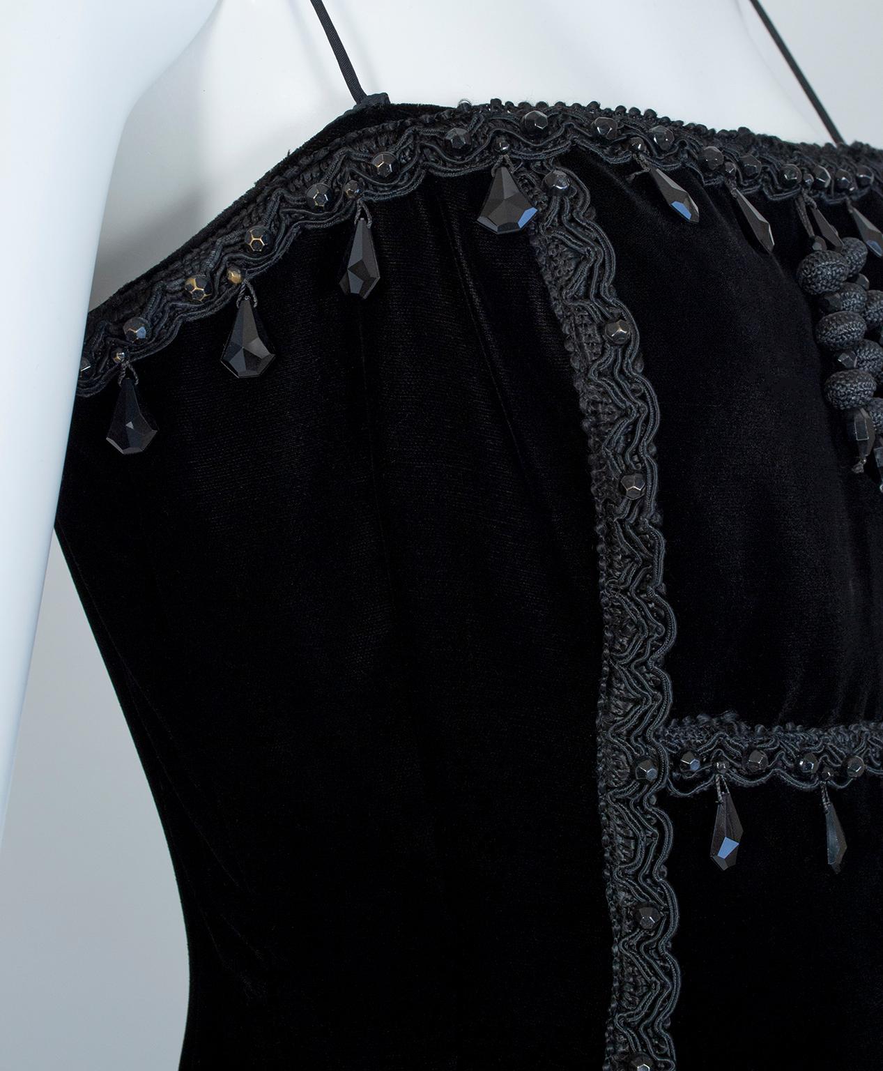 Black Silk Velvet Imperialist Chandelier Bead and Passementerie Gown–XS-S, 1950s For Sale 2
