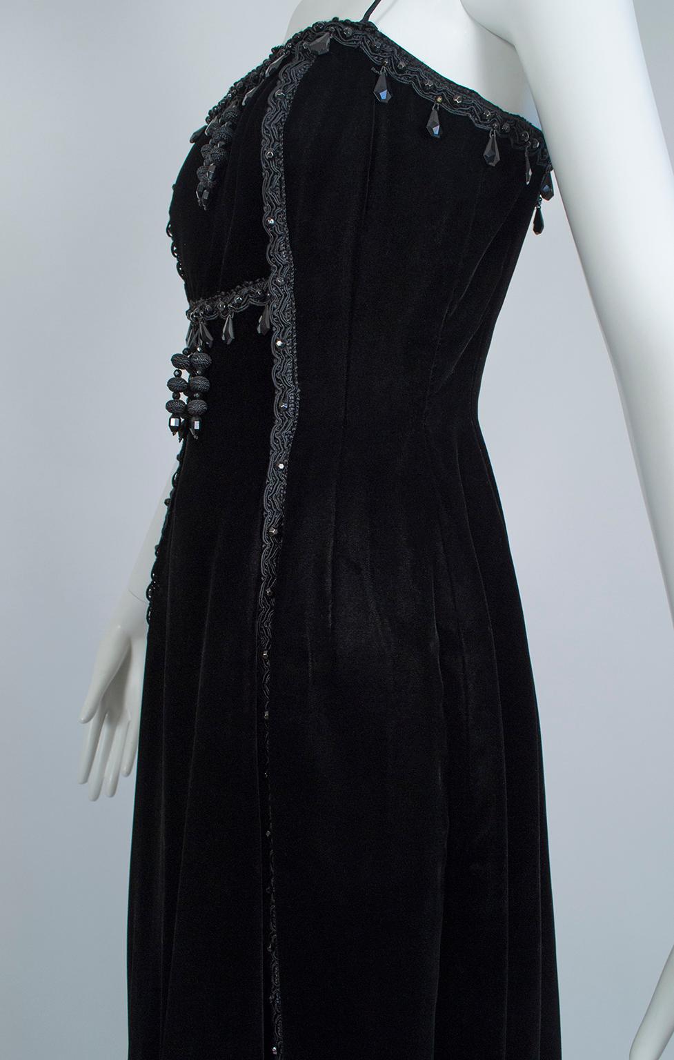 Black Silk Velvet Imperialist Chandelier Bead and Passementerie Gown–XS-S, 1950s For Sale 3