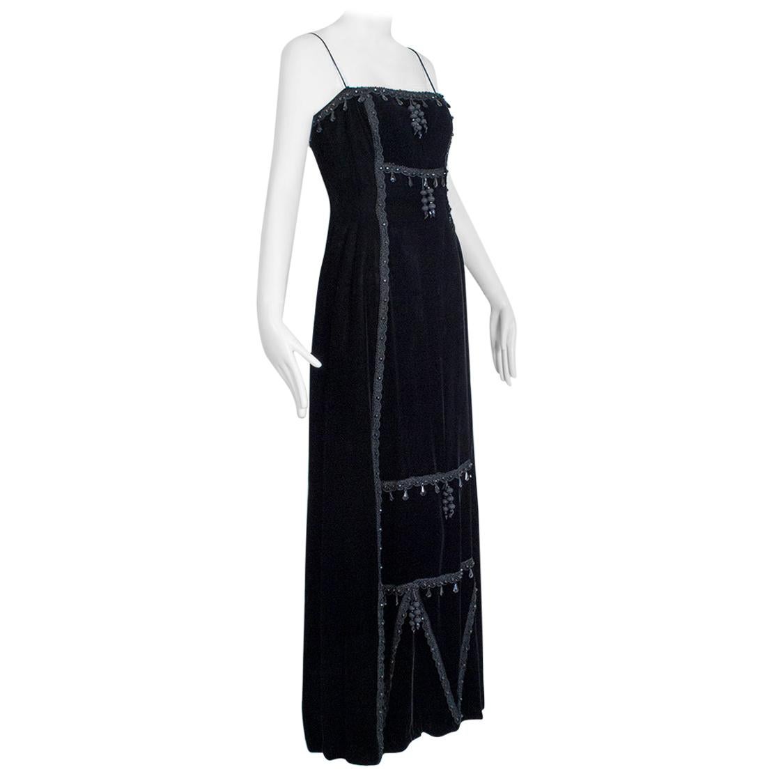 Black Silk Velvet Imperialist Chandelier Bead and Passementerie Gown–XS-S, 1950s For Sale