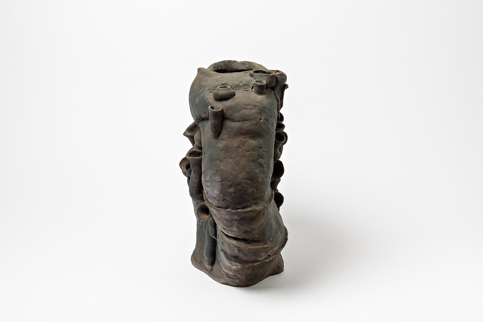 Mid-Century Modern Black Impressive Abstract Stoneware Ceramic Sculpture by Deroubaix