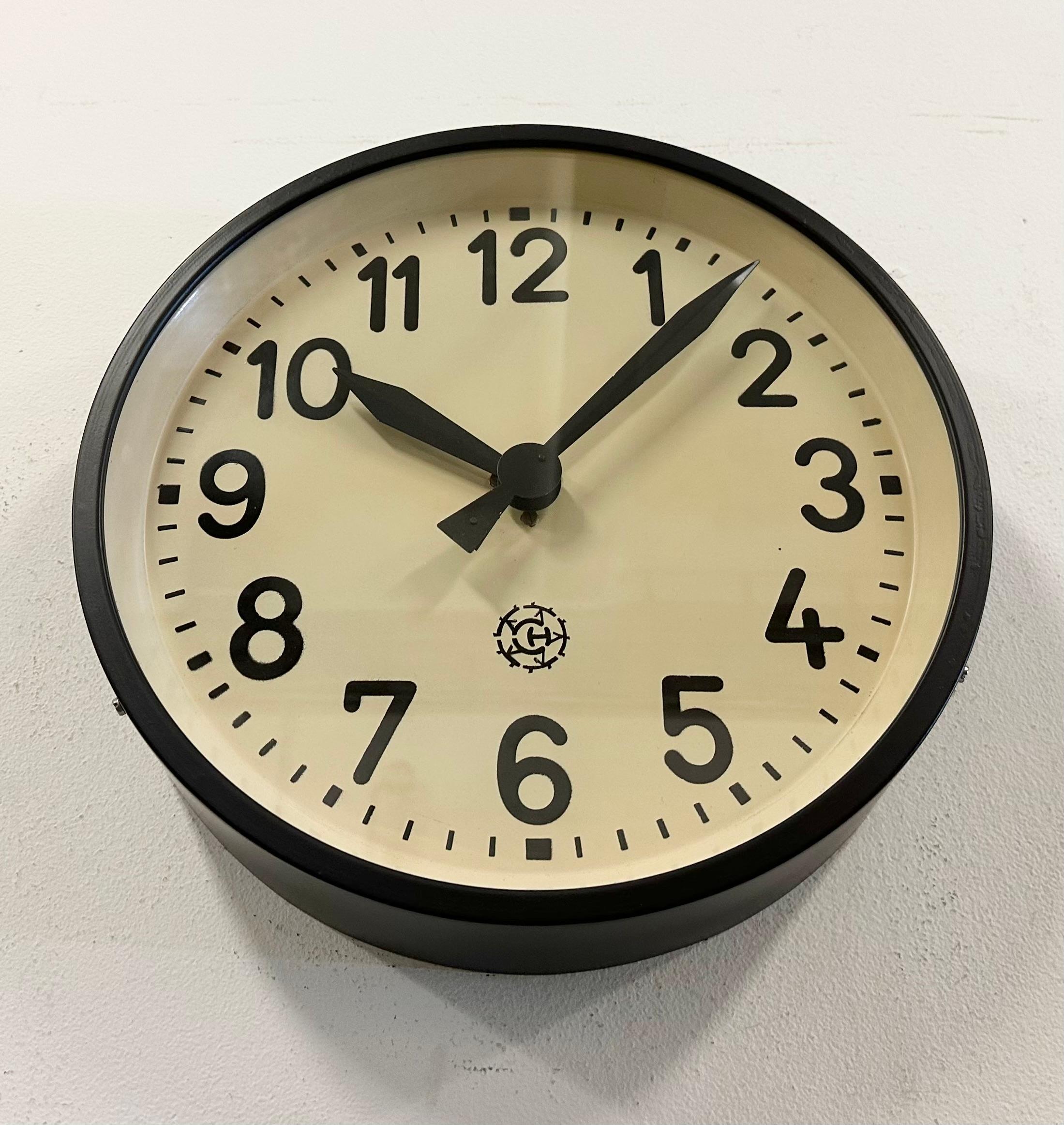 Black Industrial Factory Wall Clock From Chronotechna, 1950s In Good Condition For Sale In Kojetice, CZ