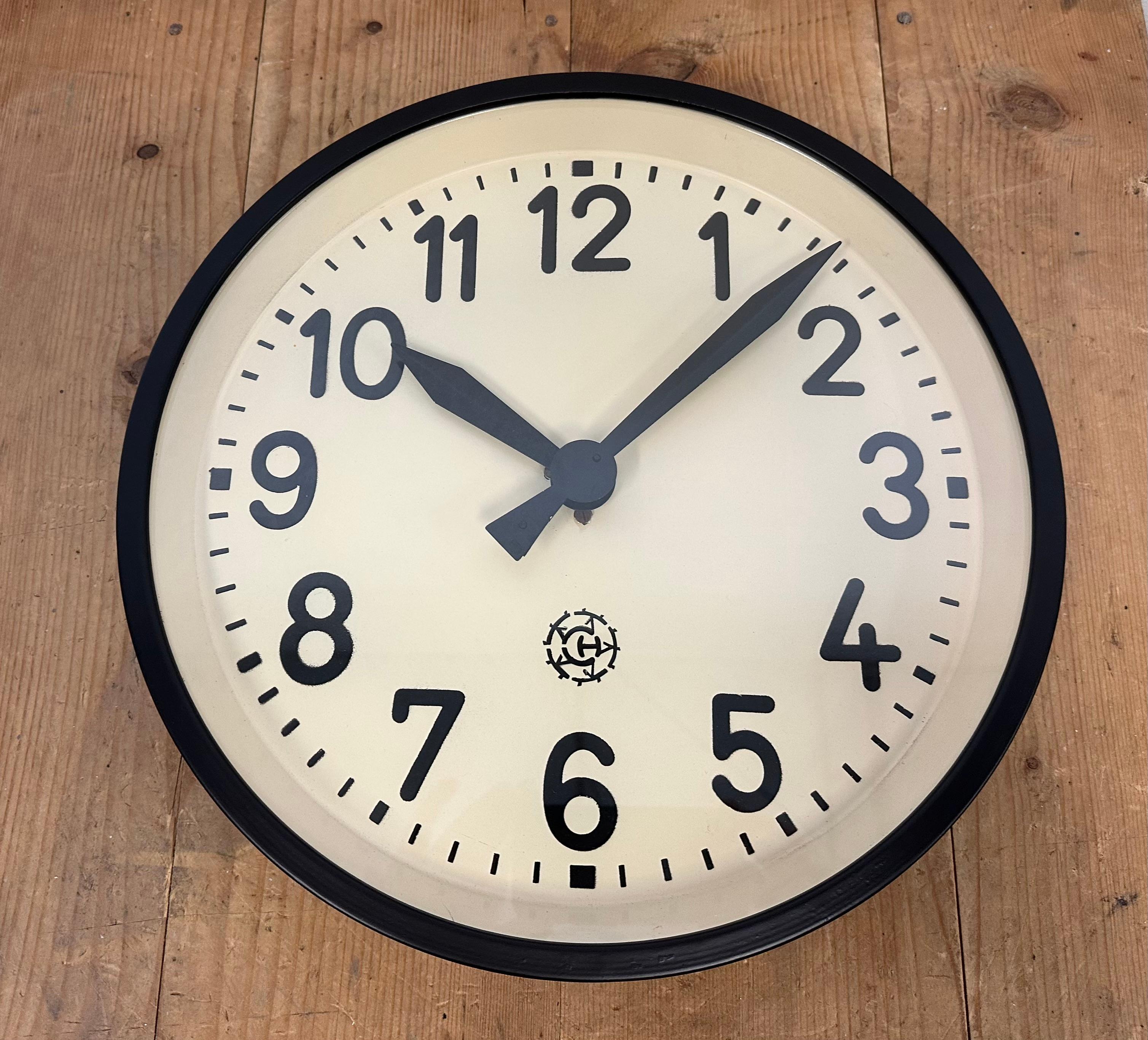 Glass Black Industrial Factory Wall Clock From Chronotechna, 1950s For Sale