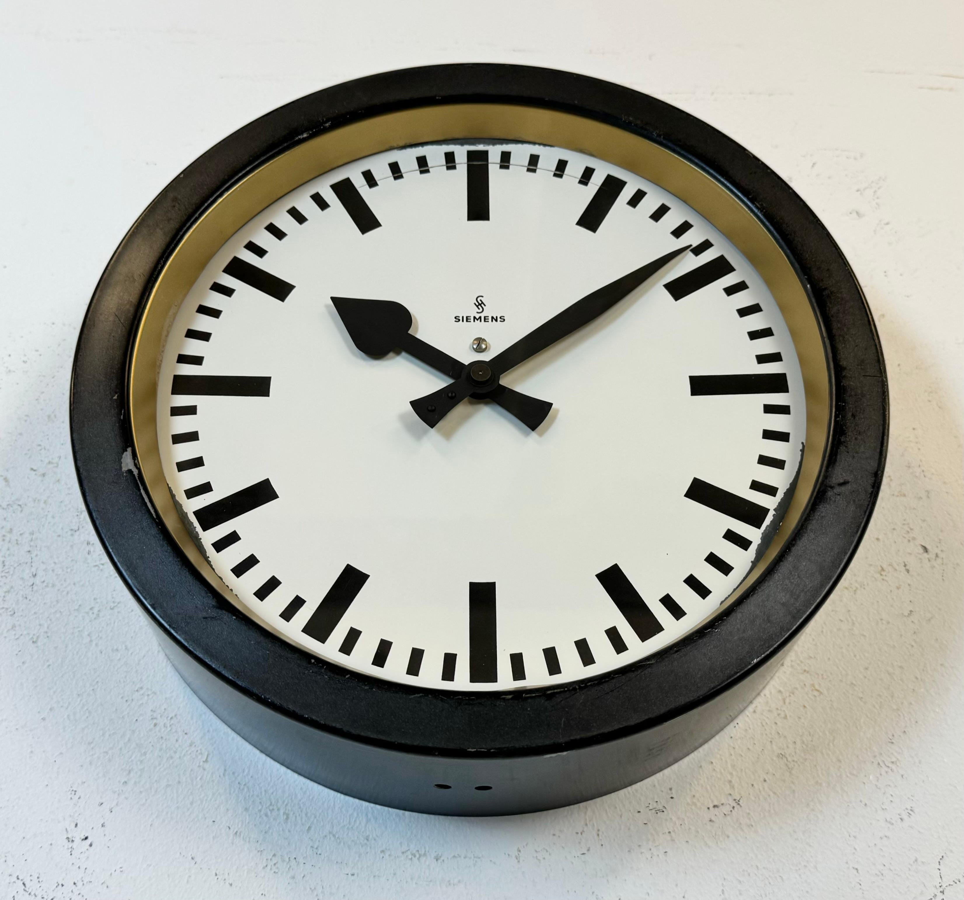 Glass Black Industrial Factory Wall Clock from Siemens, 1950s For Sale
