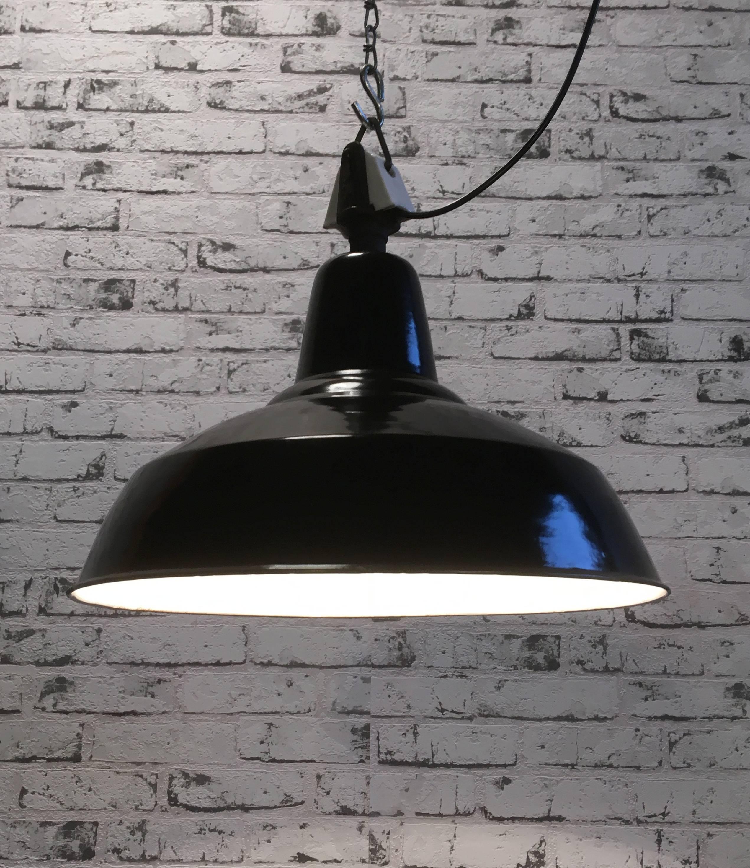 Enameled Black Industrial Lamp with Porcelain Top, 1950s