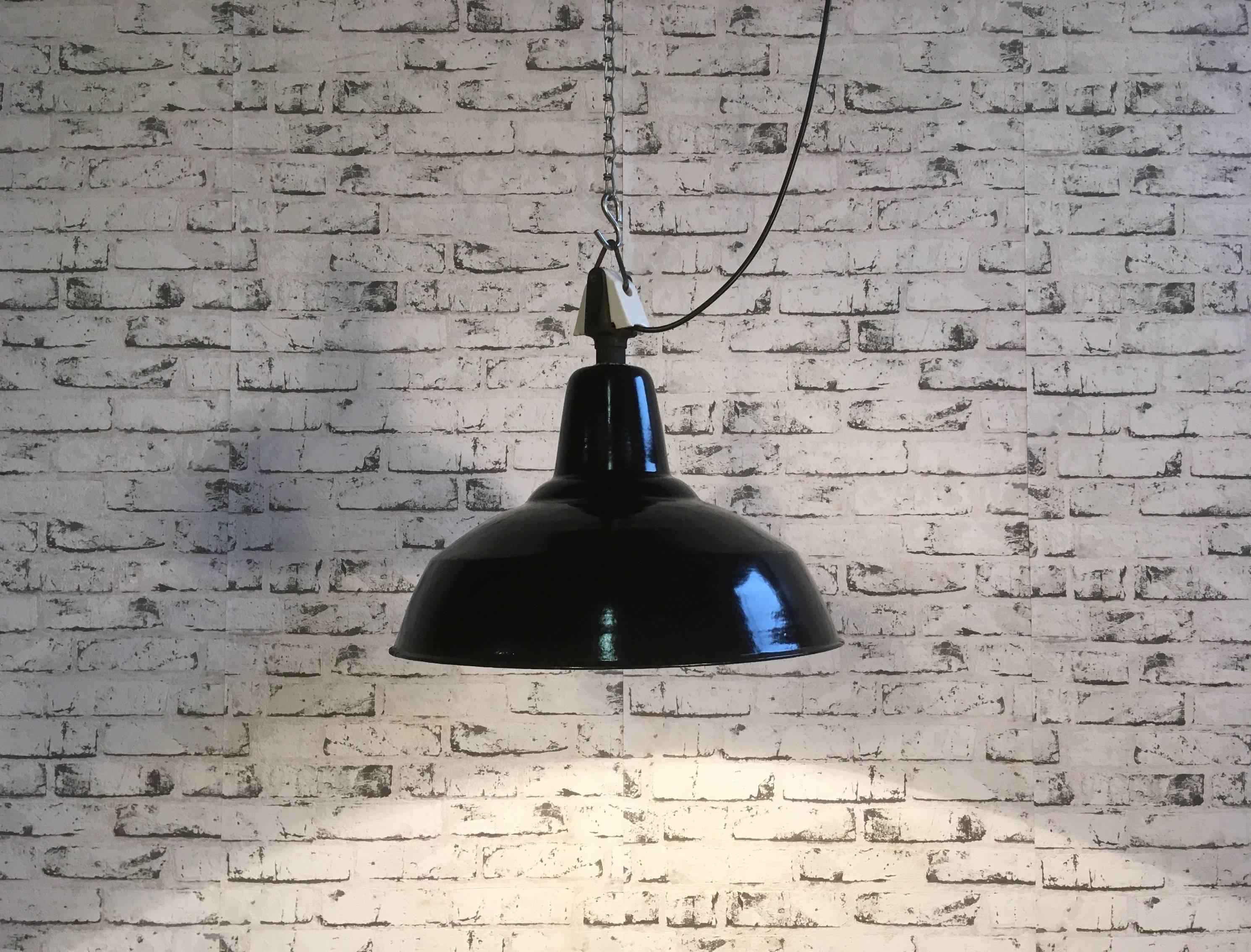 Black Industrial Lamp with Porcelain Top, 1950s In Good Condition In Kojetice, CZ