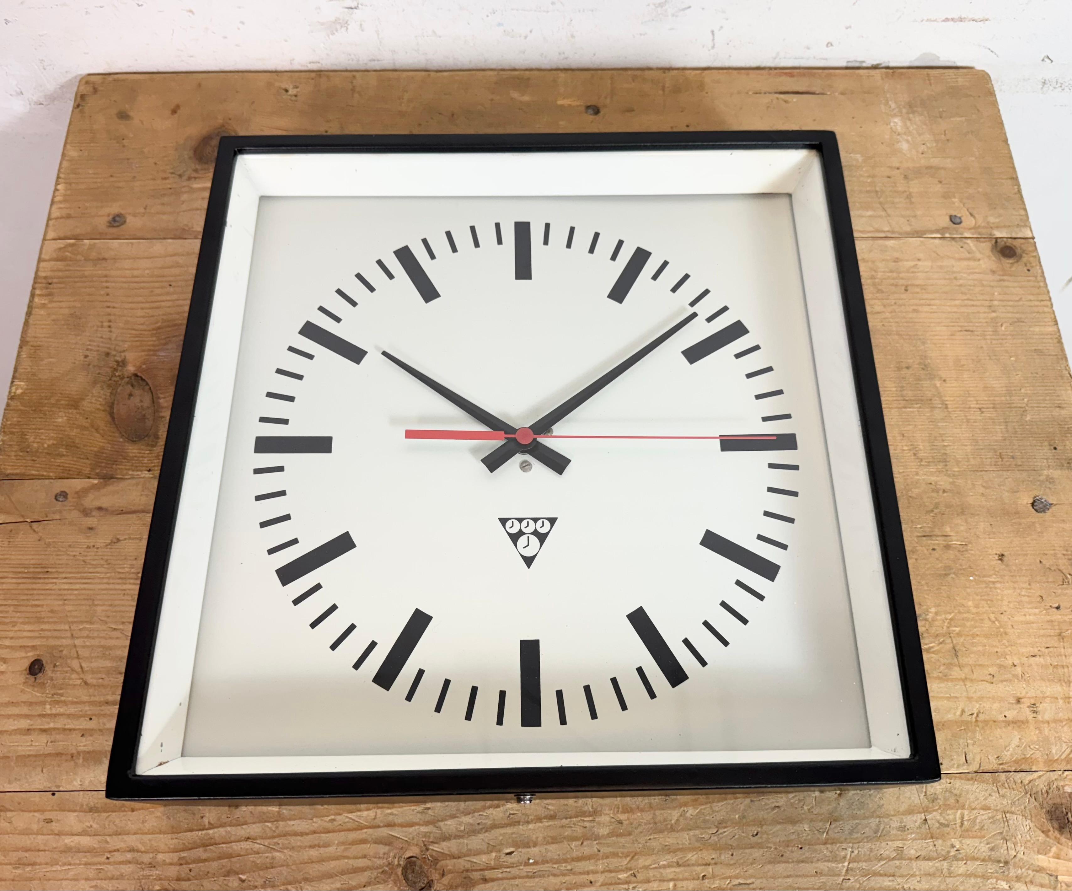 Black Industrial Square Wall Clock from Pragotron, 1970s For Sale 4