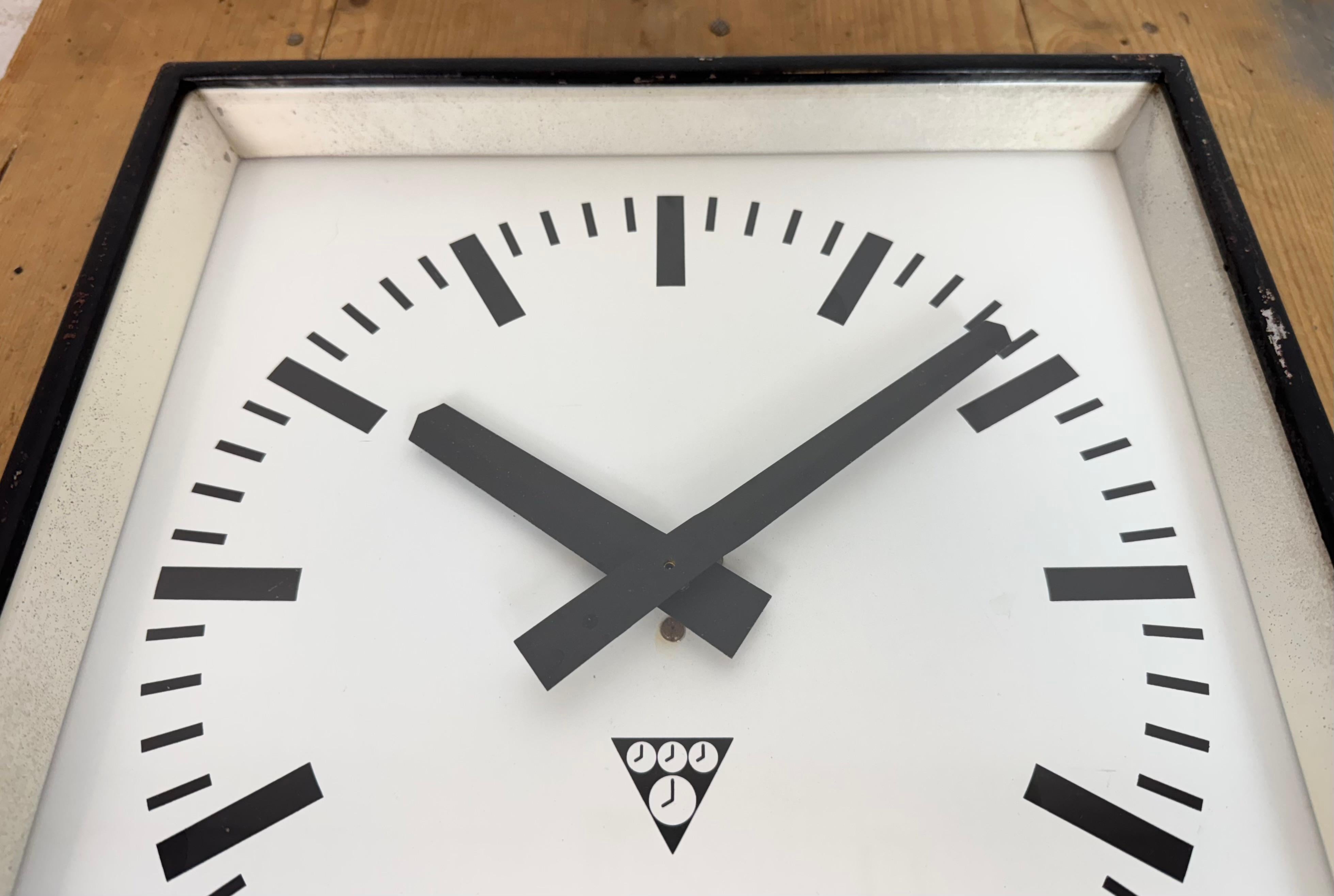 Black Industrial Square Wall Clock from Pragotron, 1970s For Sale 5