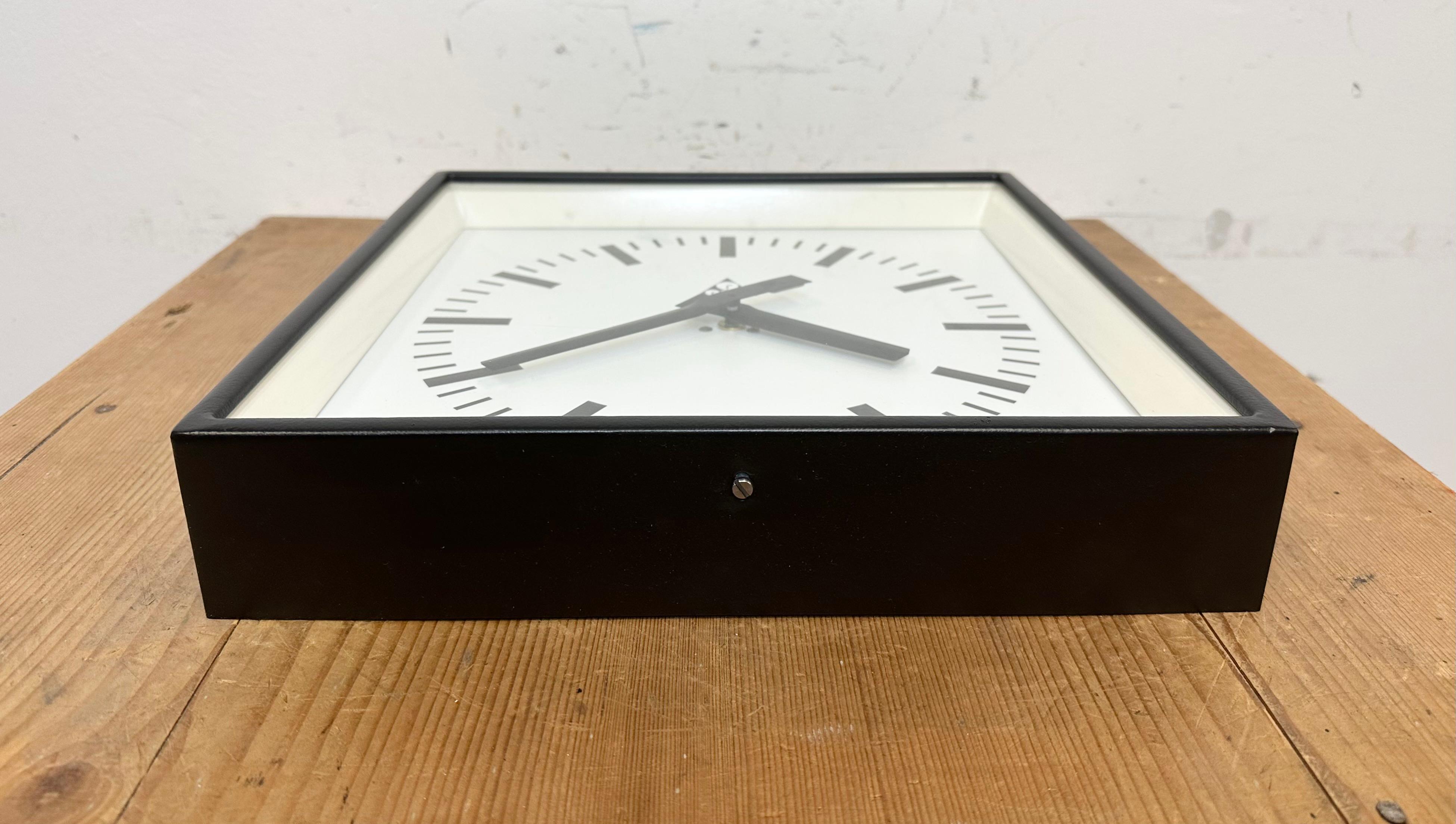 Black Industrial Square Wall Clock from Pragotron, 1970s For Sale 4