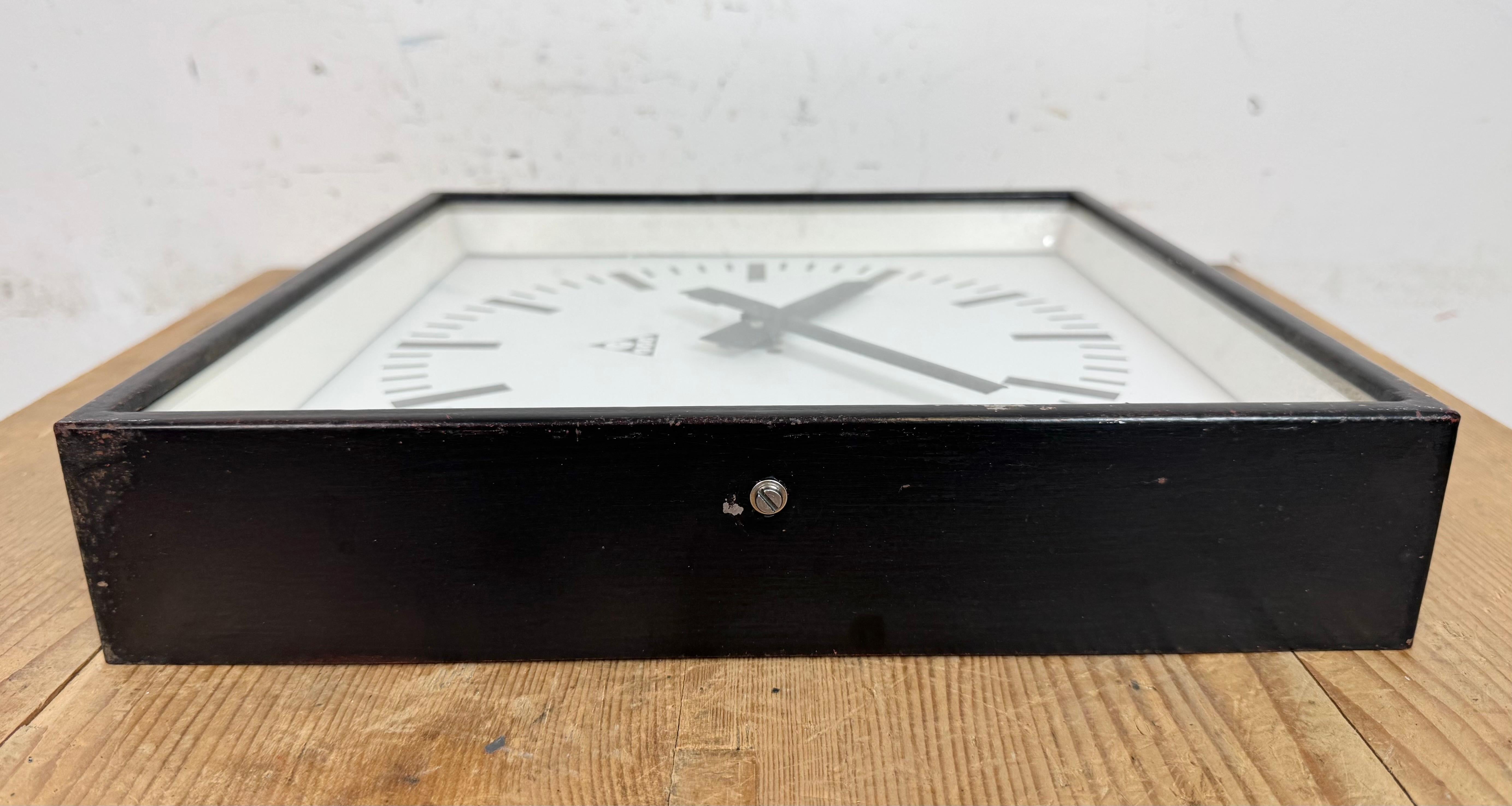 Black Industrial Square Wall Clock from Pragotron, 1970s For Sale 6