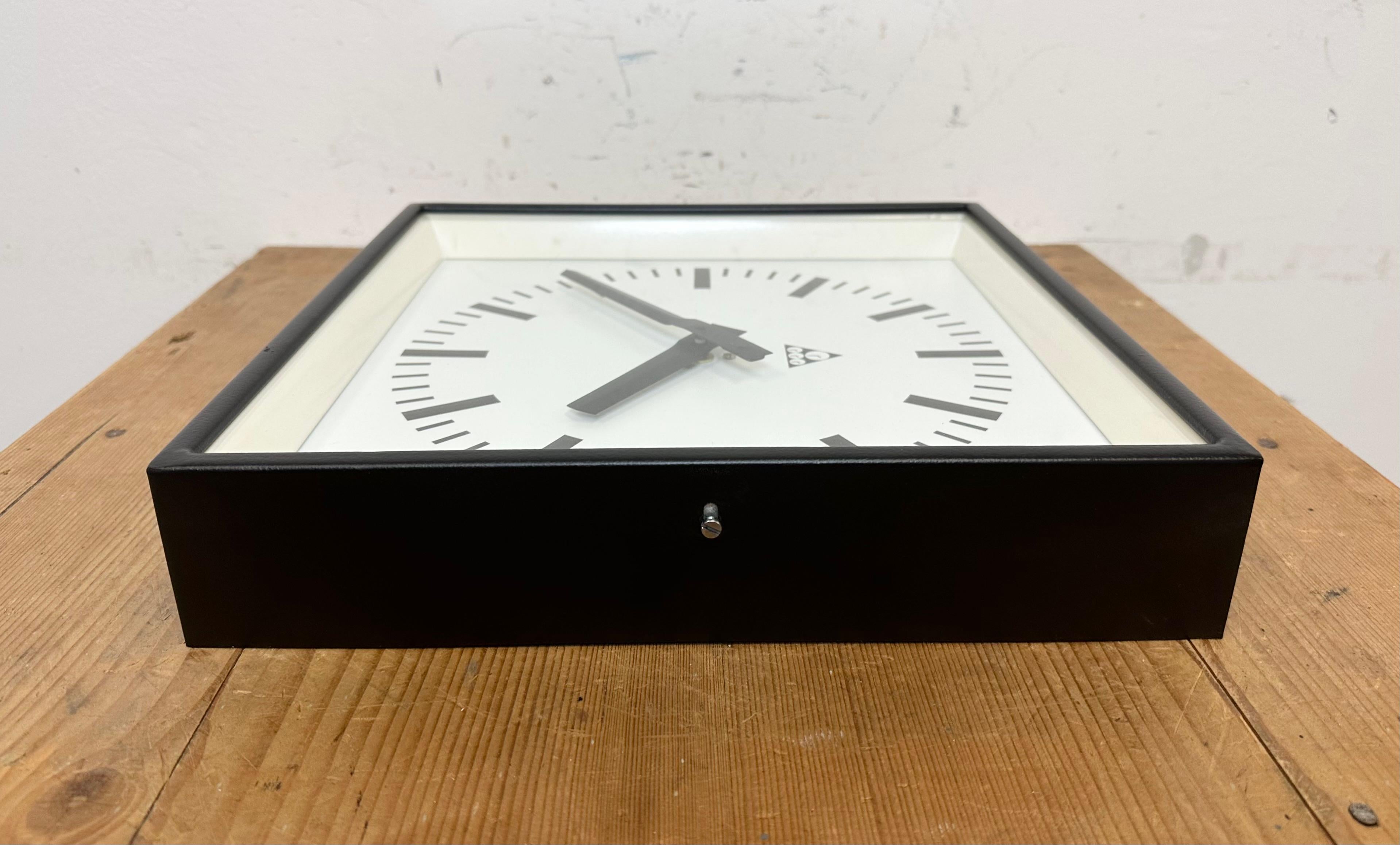 Black Industrial Square Wall Clock from Pragotron, 1970s For Sale 5