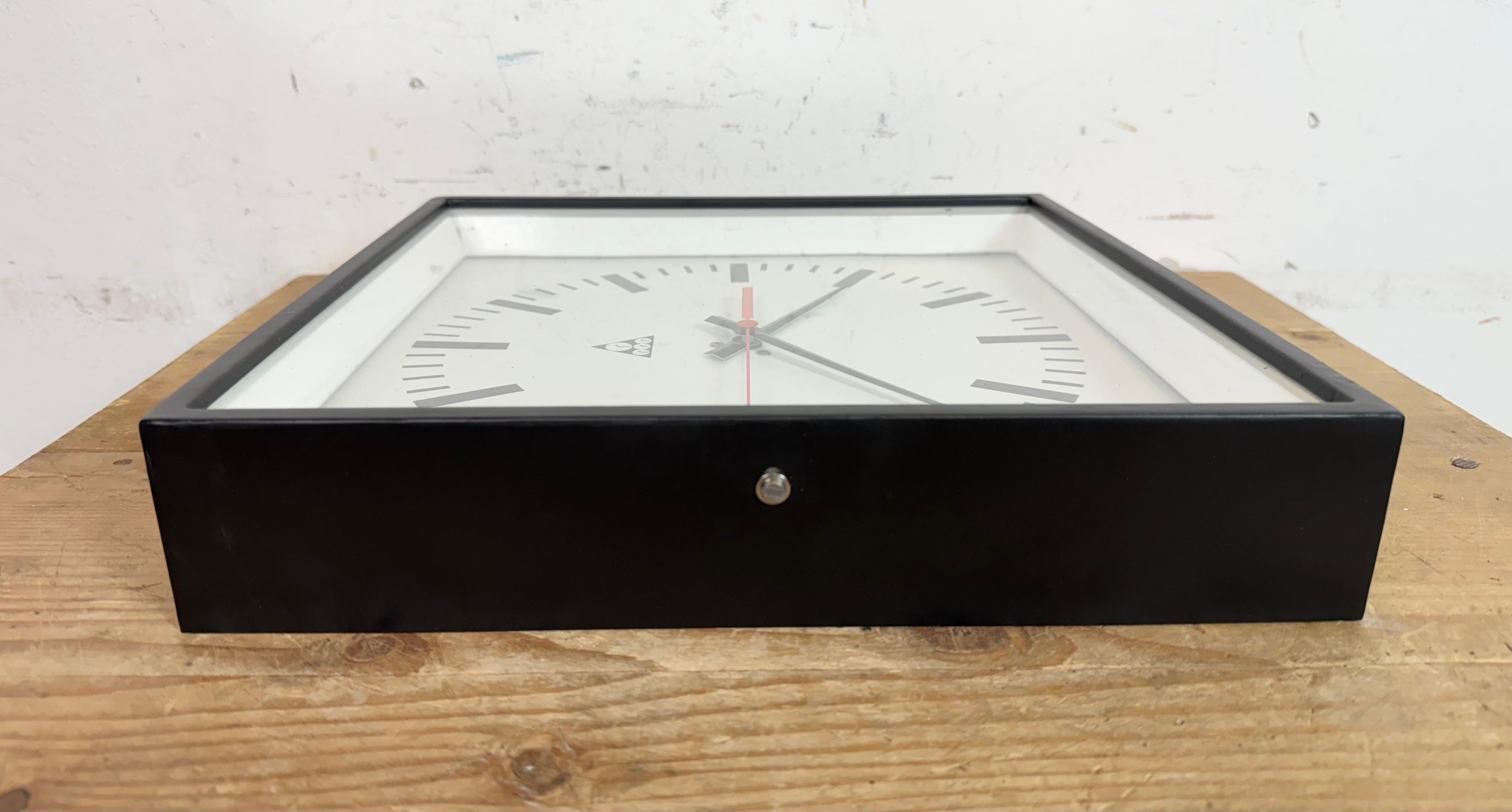 Black Industrial Square Wall Clock from Pragotron, 1970s For Sale 7