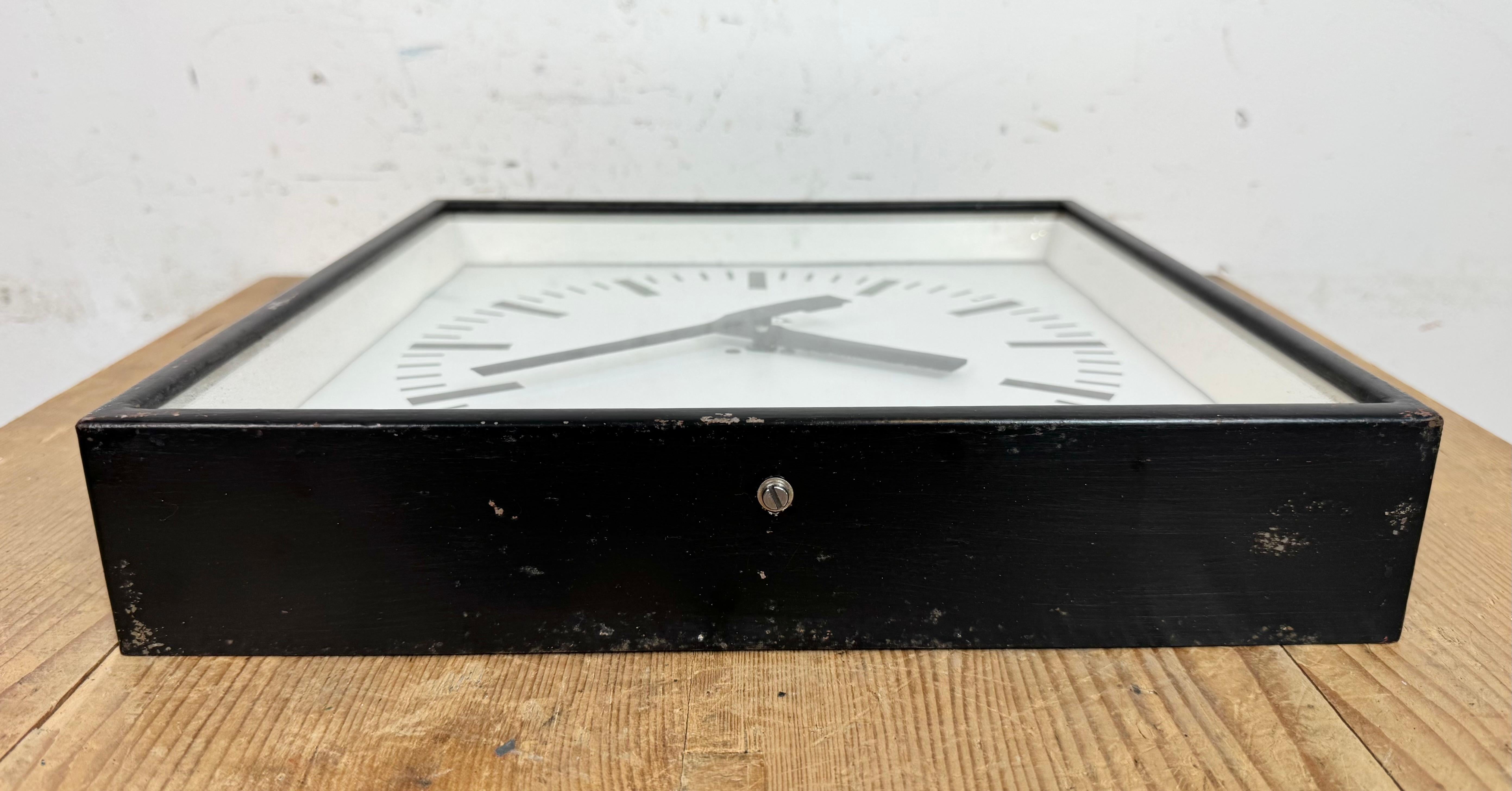 Black Industrial Square Wall Clock from Pragotron, 1970s For Sale 7