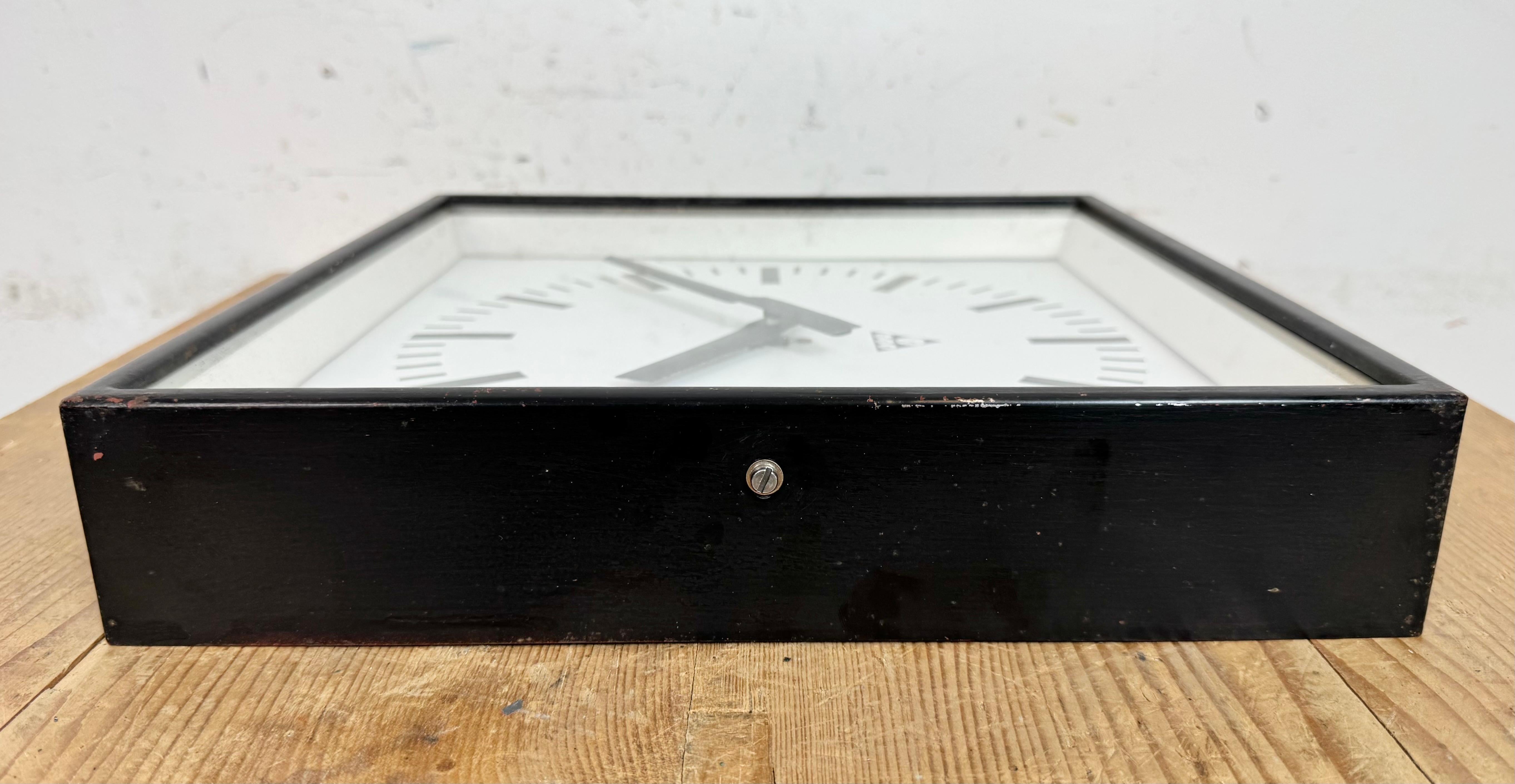Black Industrial Square Wall Clock from Pragotron, 1970s For Sale 8