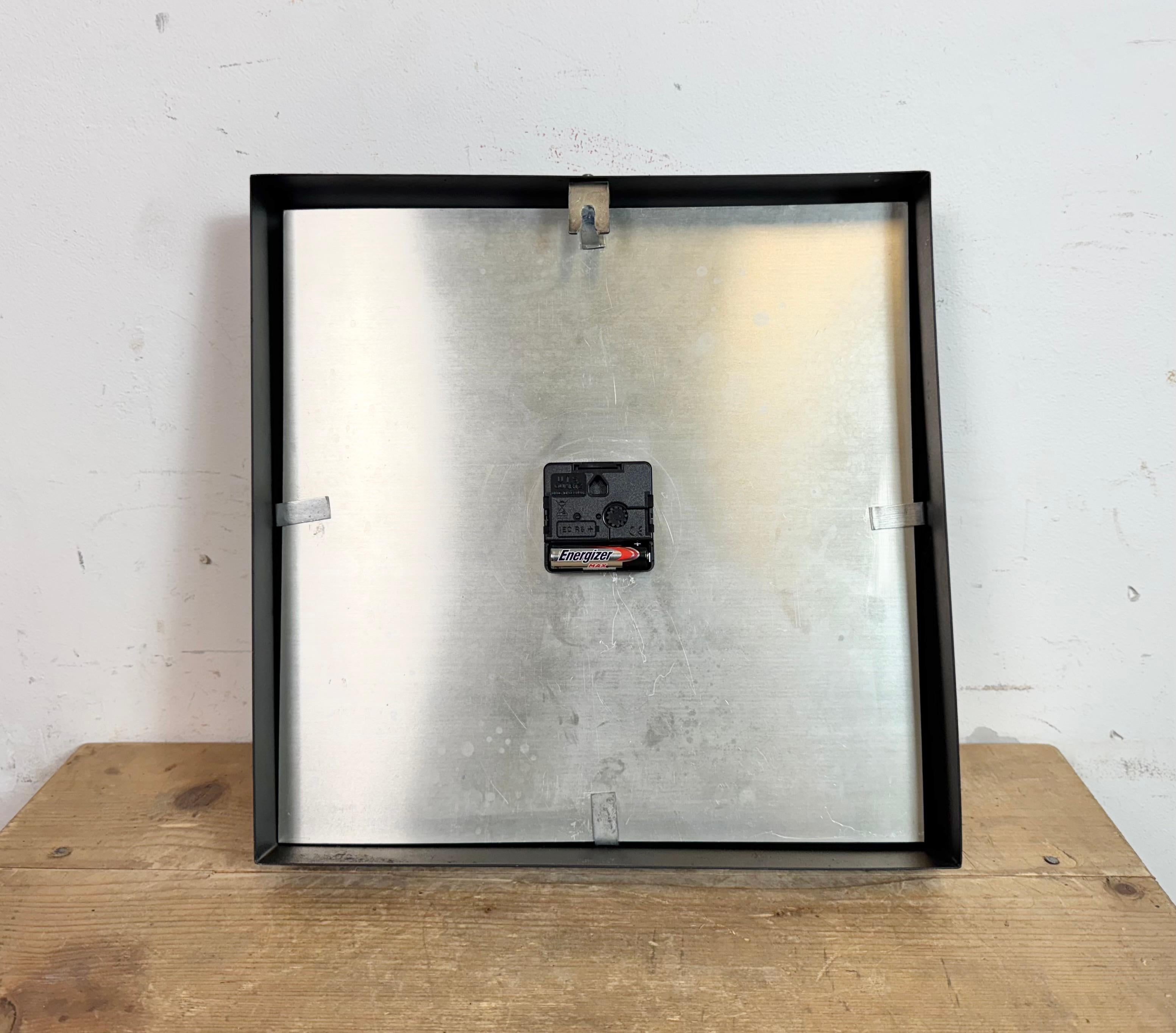 Black Industrial Square Wall Clock from Pragotron, 1970s For Sale 9