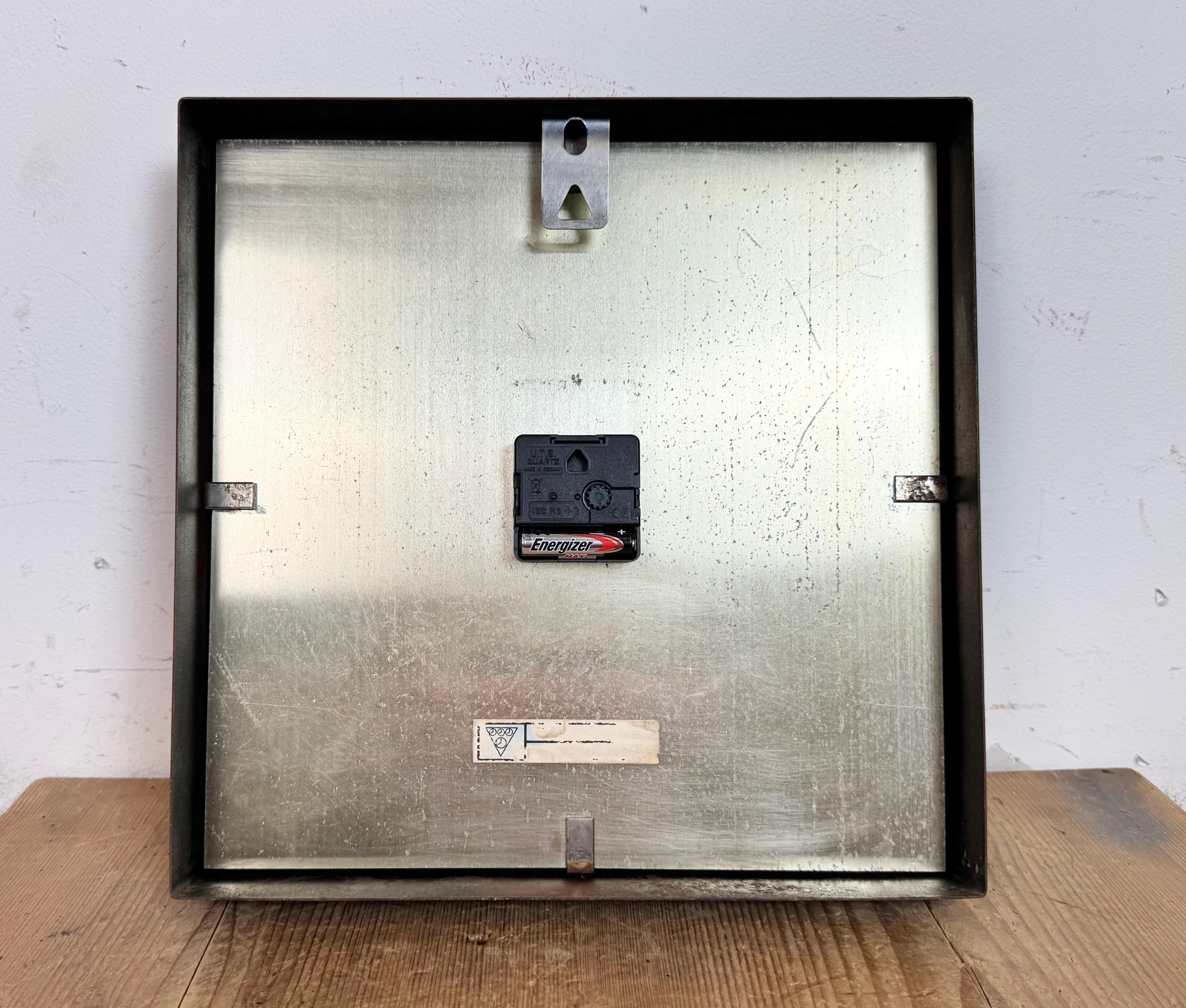 Black Industrial Square Wall Clock from Pragotron, 1970s For Sale 9
