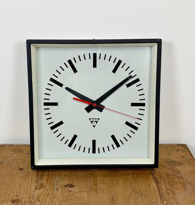 Black Industrial Square Wall Clock from Pragotron, 1970s at 1stDibs