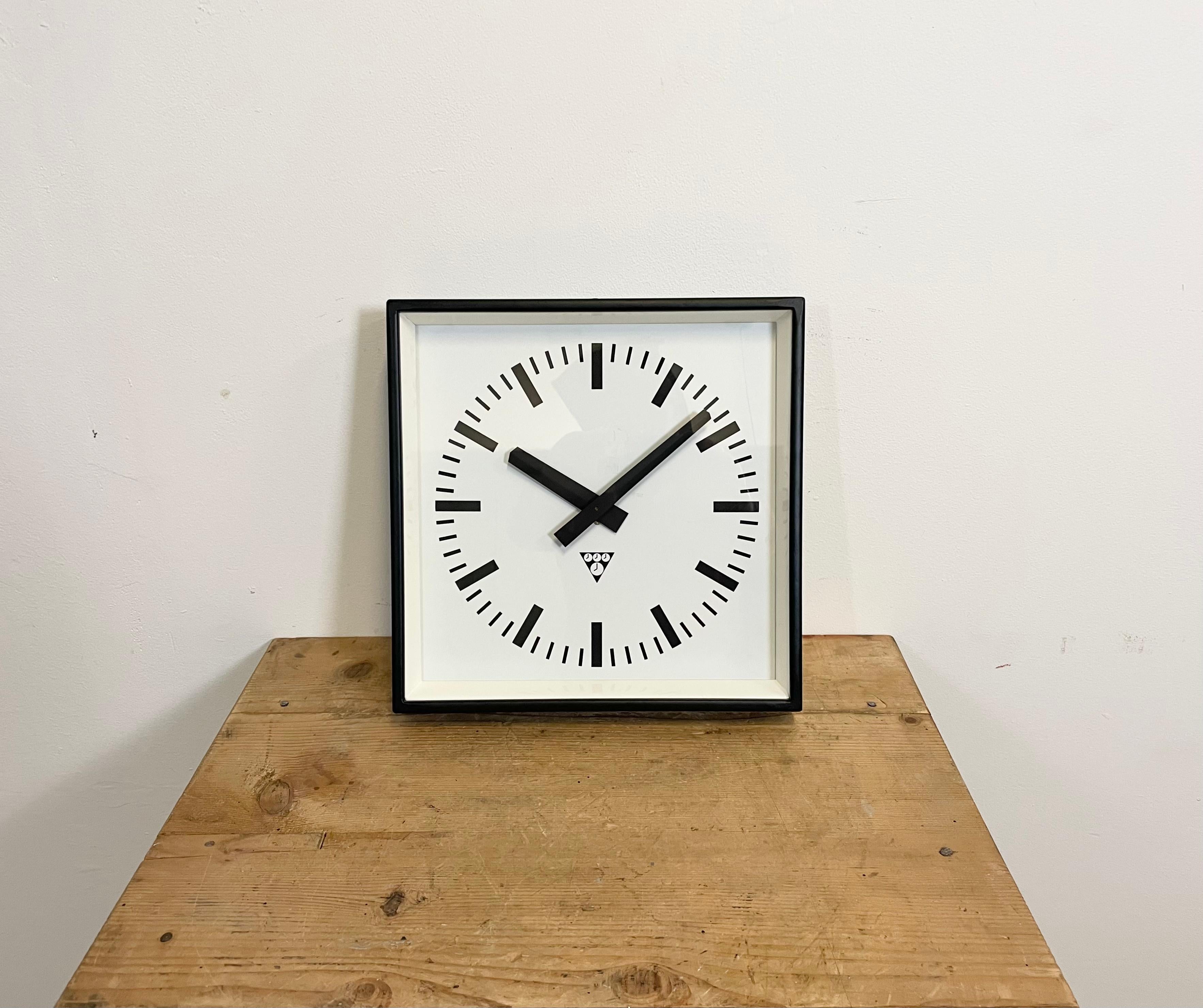 - Clock made by Pragotron in former Czechoslovakia during the 1970s 
- Was used in factories, schools and railway stations 
- Black metal body 
- Aluminium dial and hands 
- Clear glass cover 
- This item has been converted into a