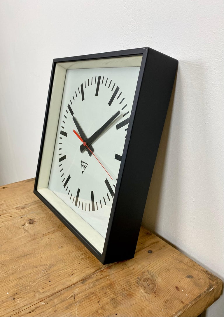 Black Industrial Square Wall Clock from Pragotron, 1970s at 1stDibs