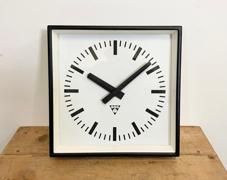 Czech Black Industrial Square Wall Clock from Pragotron, 1970s For Sale