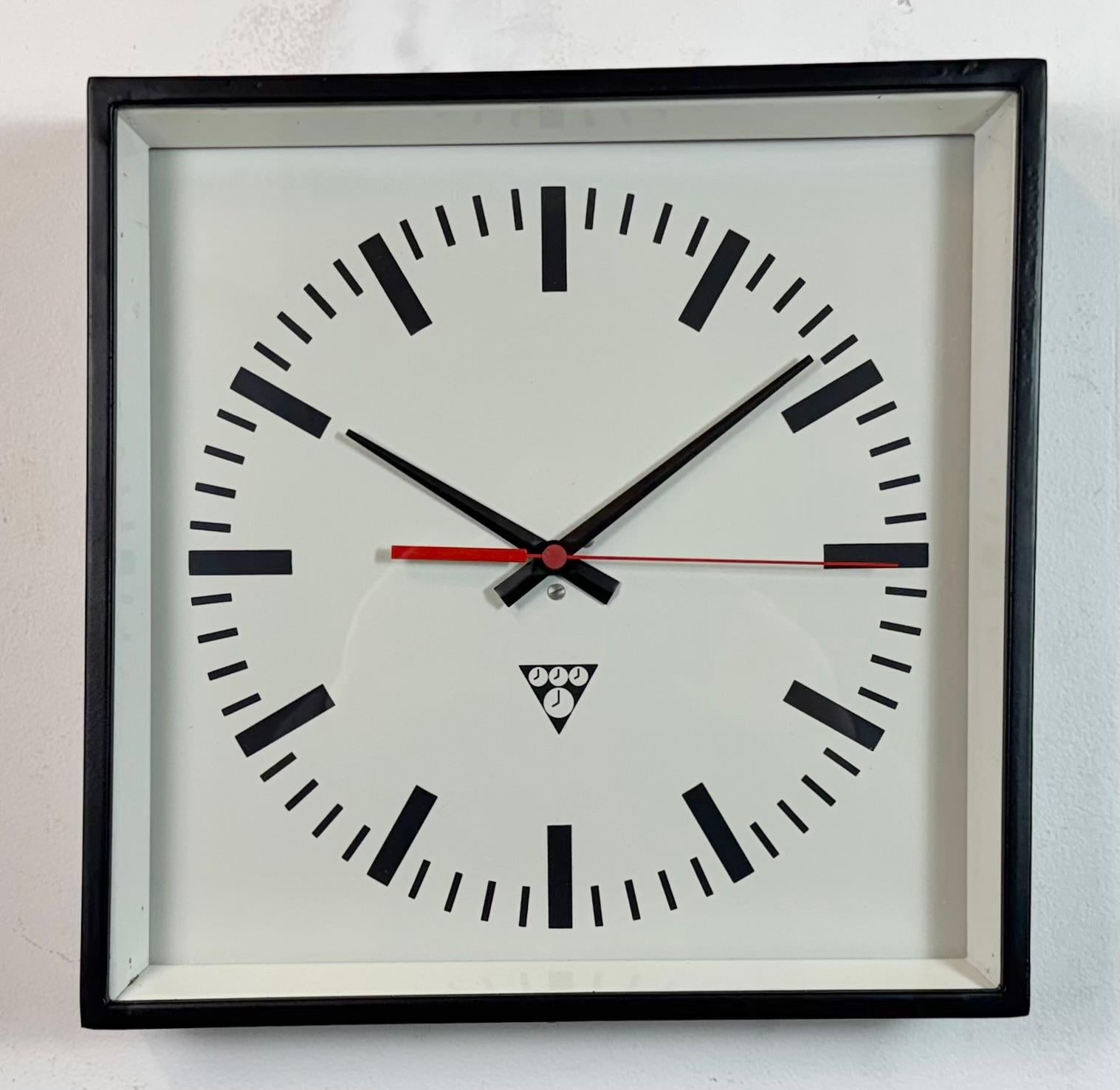 Czech Black Industrial Square Wall Clock from Pragotron, 1970s For Sale