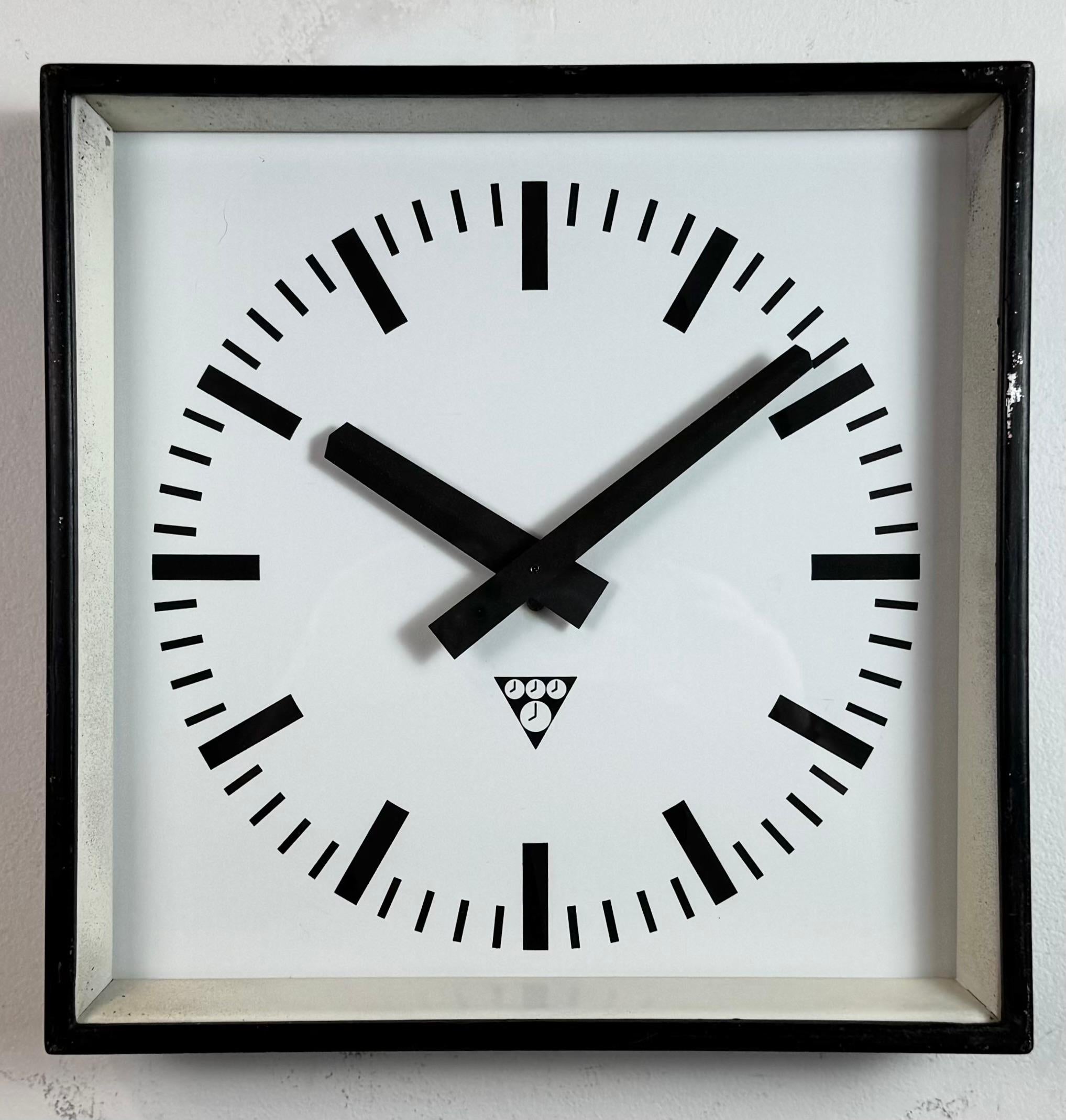 Czech Black Industrial Square Wall Clock from Pragotron, 1970s For Sale