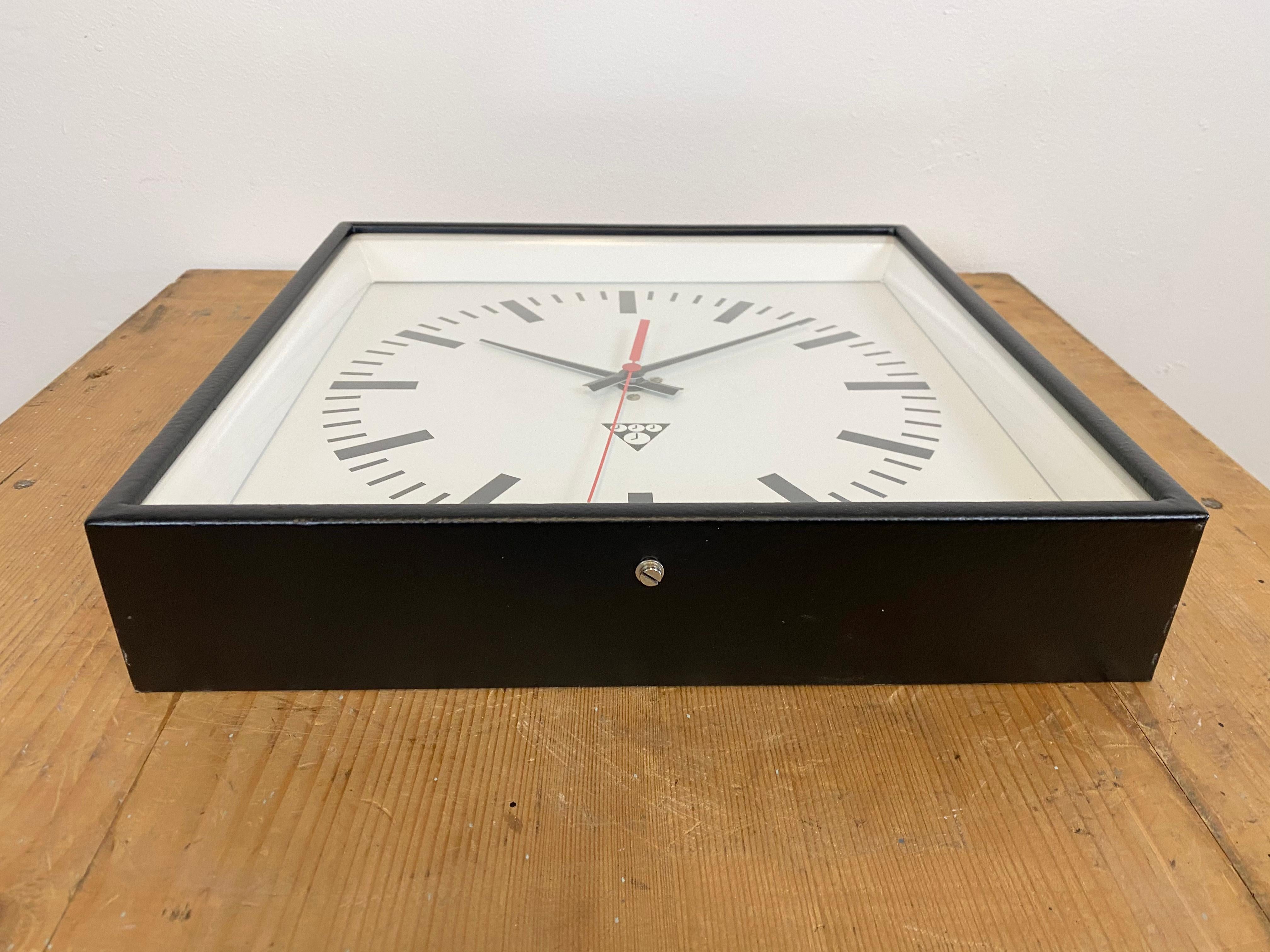 Painted Black Industrial Square Wall Clock from Pragotron, 1970s