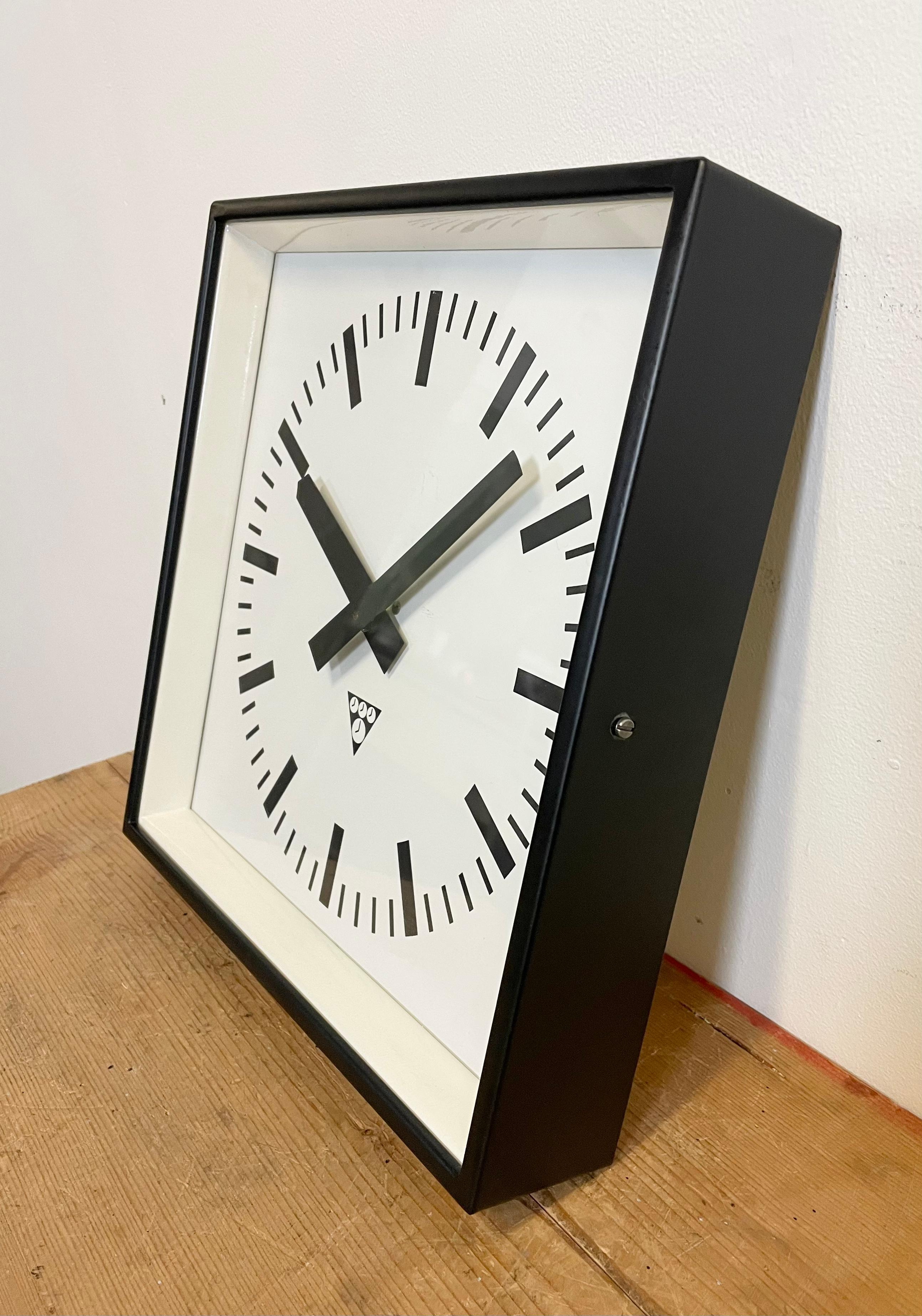 Czech Black Industrial Square Wall Clock from Pragotron, 1970s