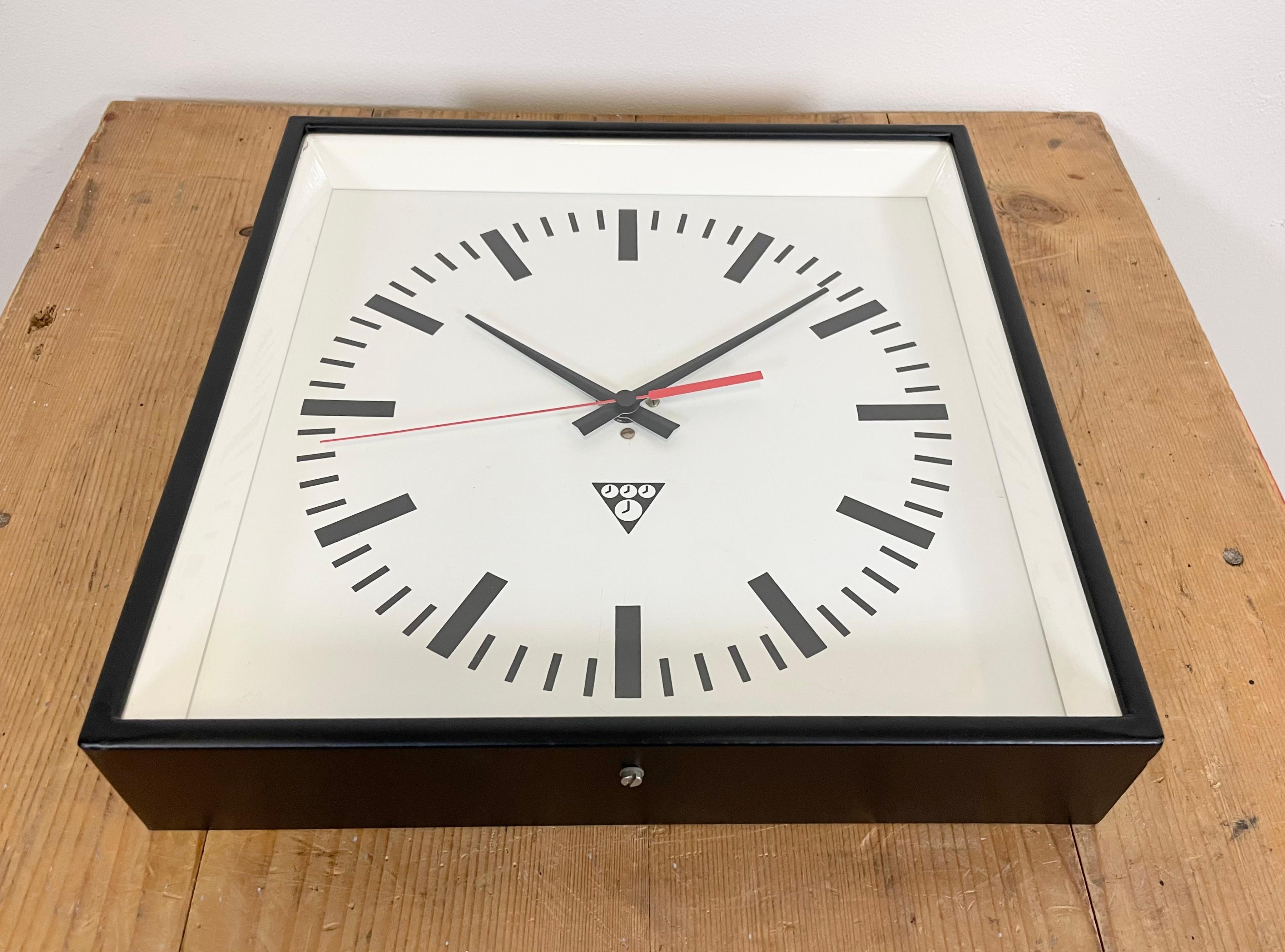 Painted Black Industrial Square Wall Clock from Pragotron, 1970s