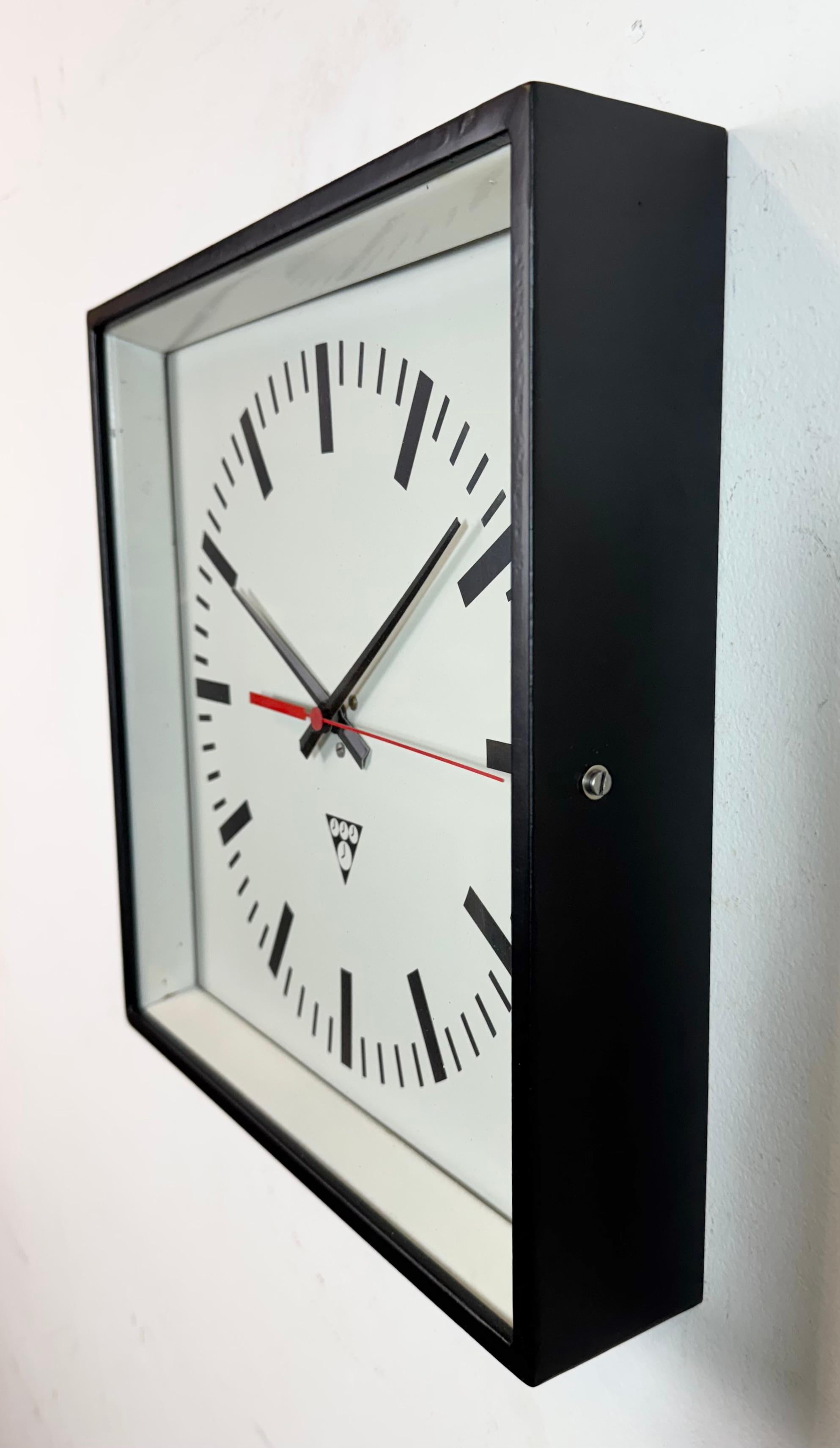 Black Industrial Square Wall Clock from Pragotron, 1970s In Good Condition For Sale In Kojetice, CZ